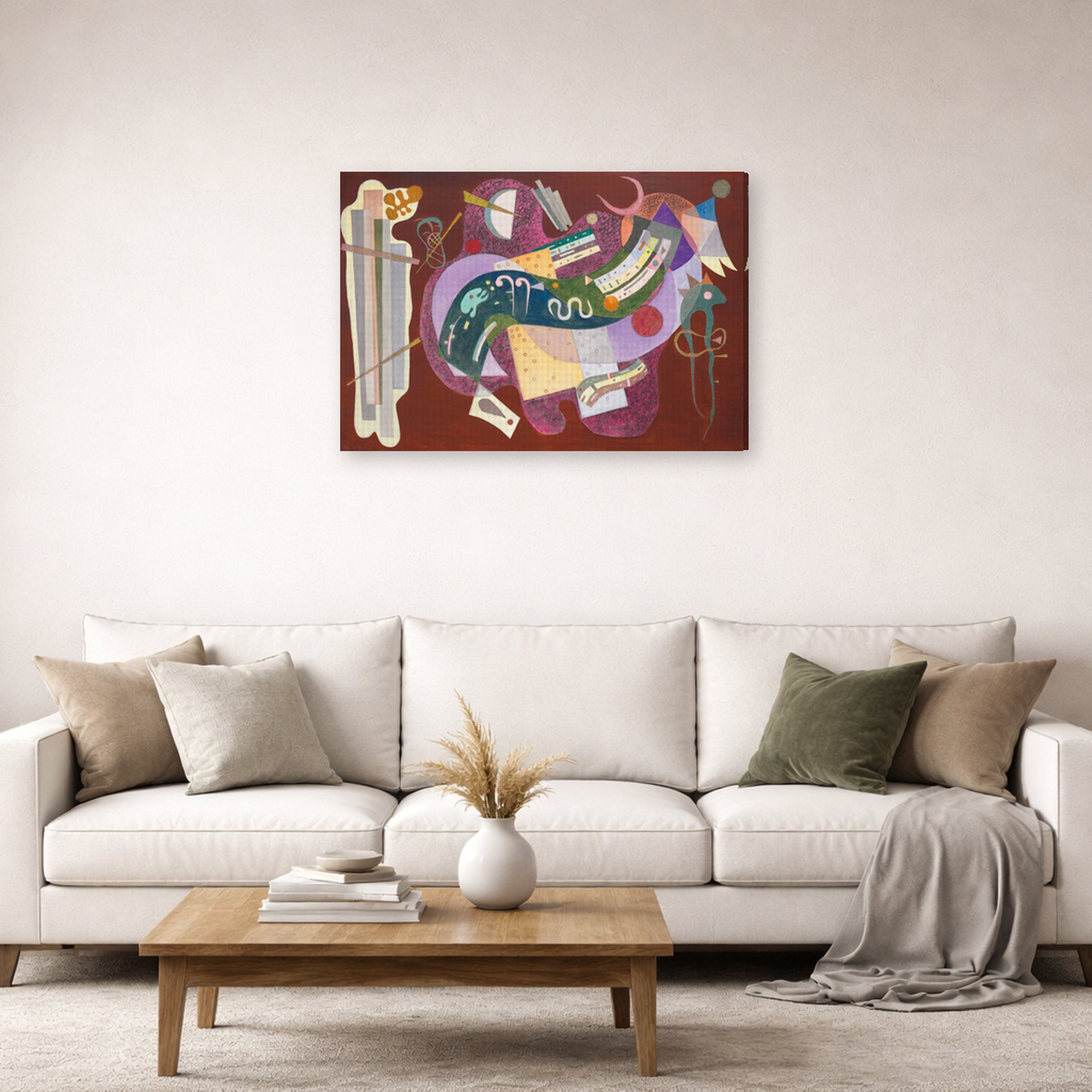 Gallery-wrapped canvas print of Wassily Kandinsky's Rigid and Curved displayed on a wall in a living room