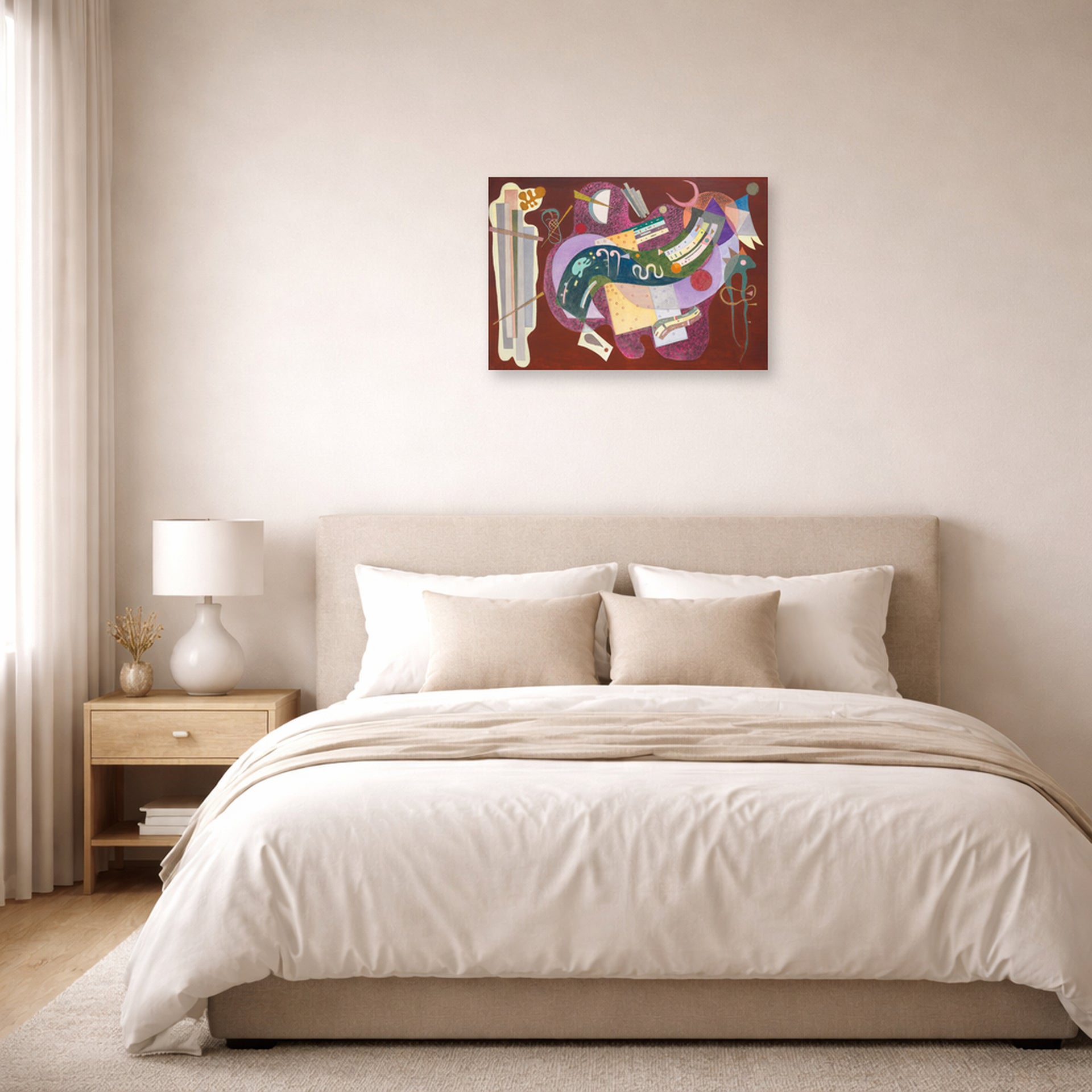 Unframed poster print of Wassily Kandinsky's Rigid and Curved displayed on a wall in a bedroom