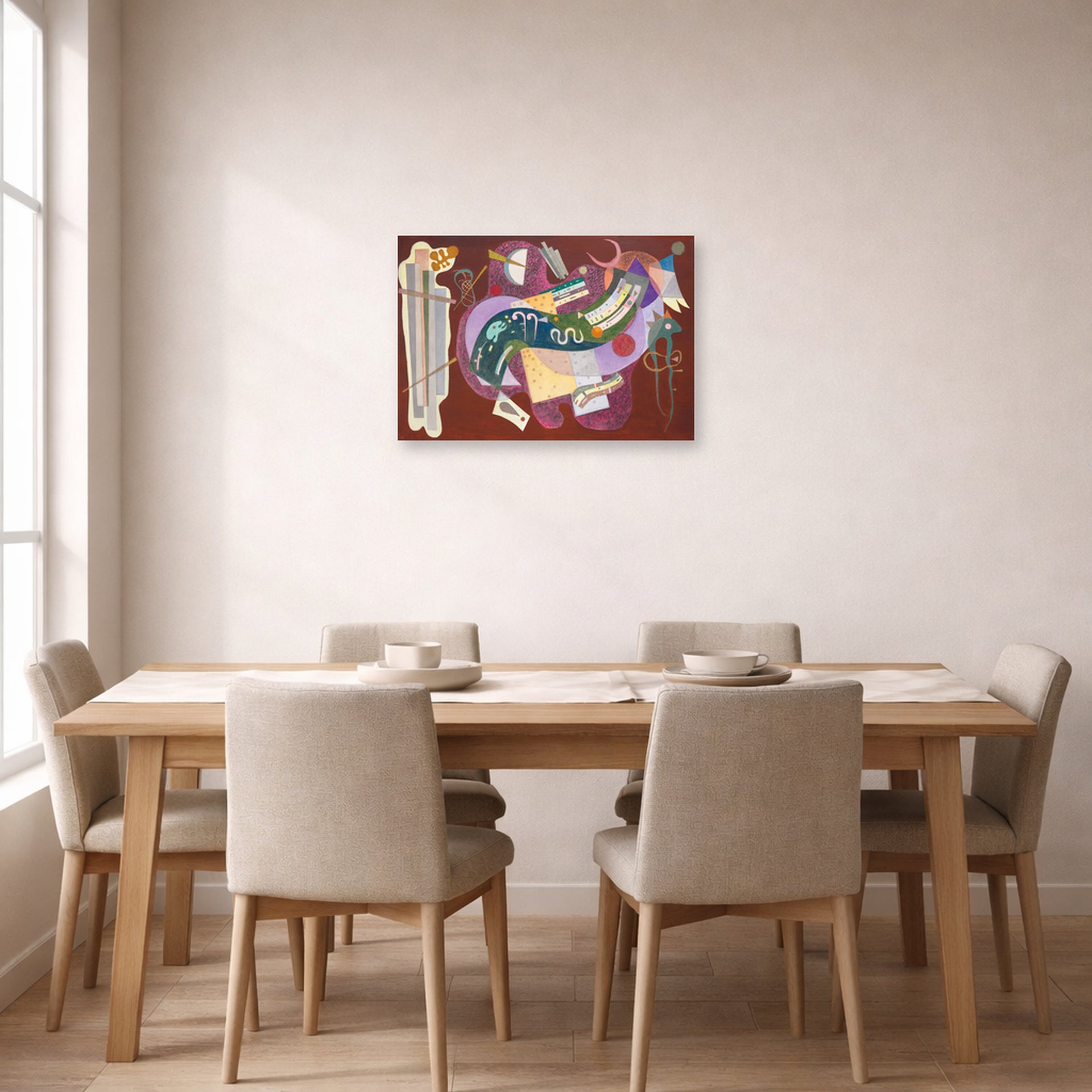 Unframed poster print of Wassily Kandinsky's Rigid and Curved displayed on a wall in a dining room