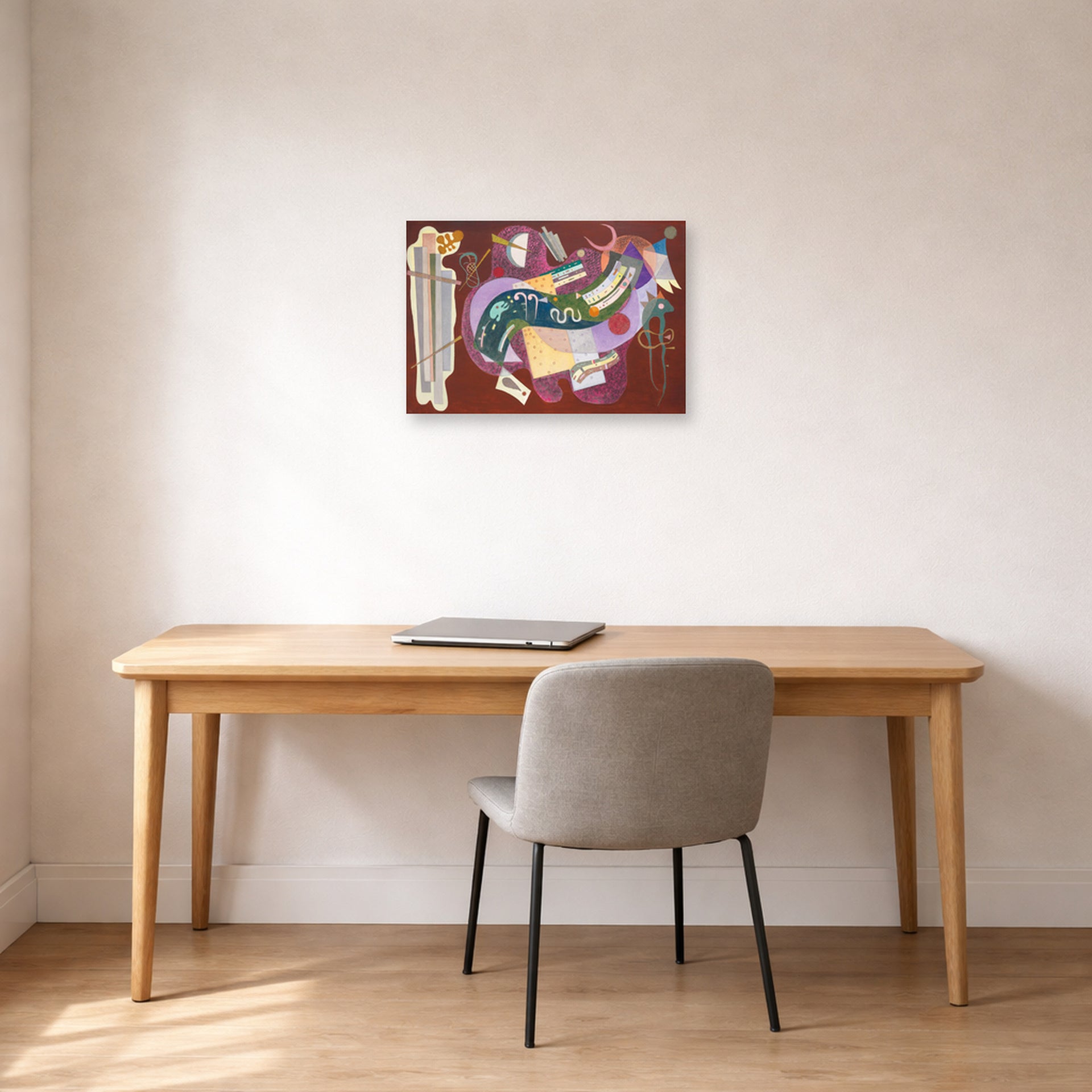 Unframed poster print of Wassily Kandinsky's Rigid and Curved displayed on a wall in an office