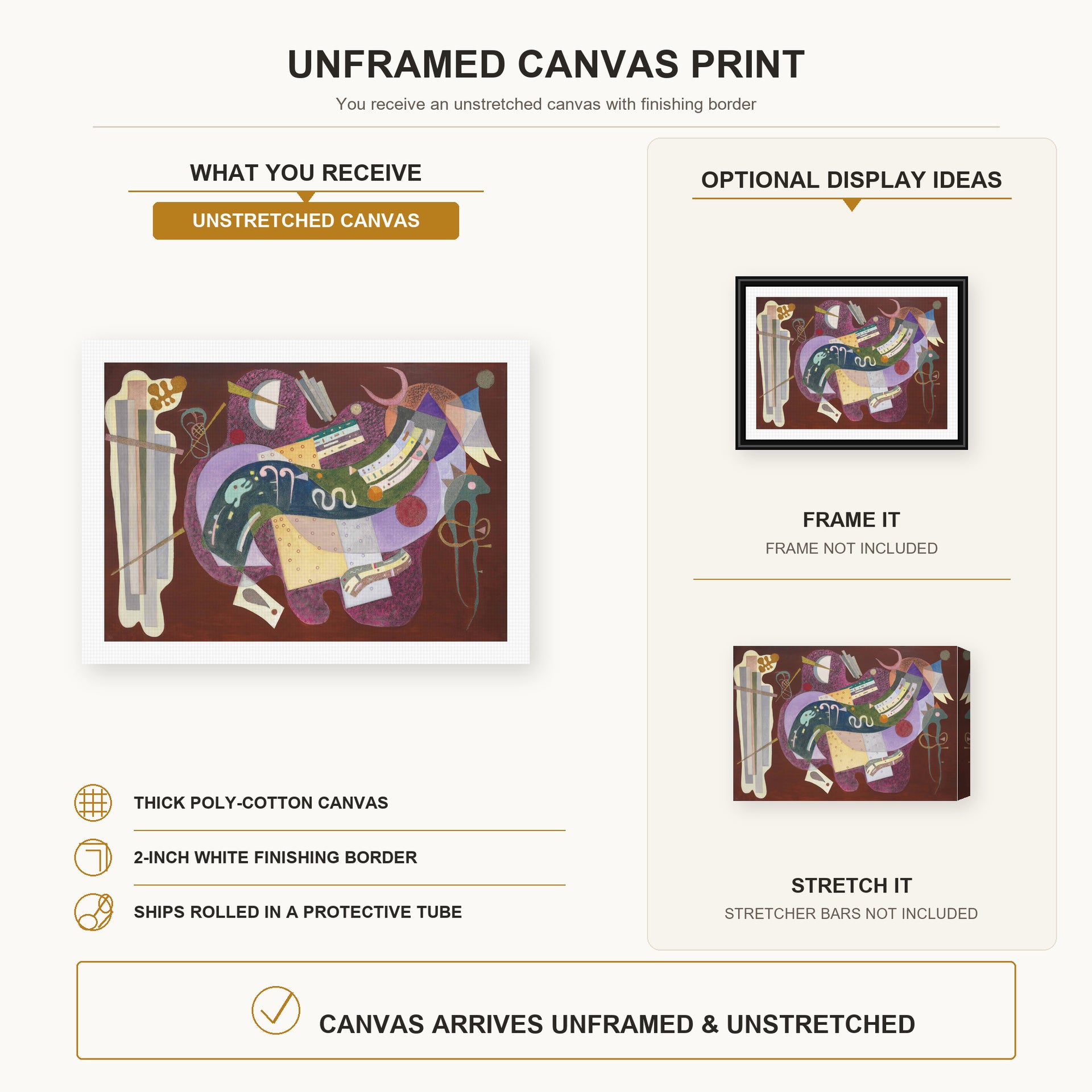 Wassily Kandinsky - Rigide Et Courbe canvas print size comparison and framing display infographic