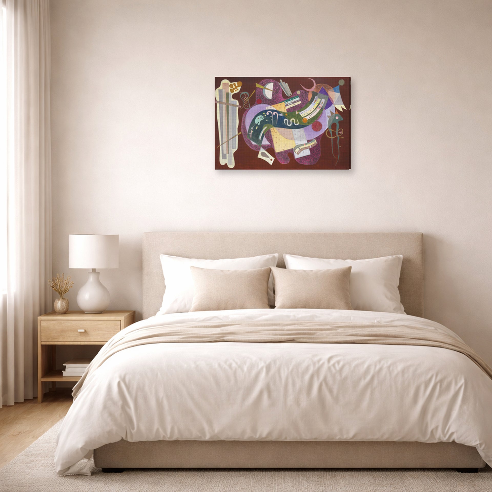 Gallery-wrapped canvas print of Wassily Kandinsky's Rigide Et Courbe displayed on a wall in a bedroom