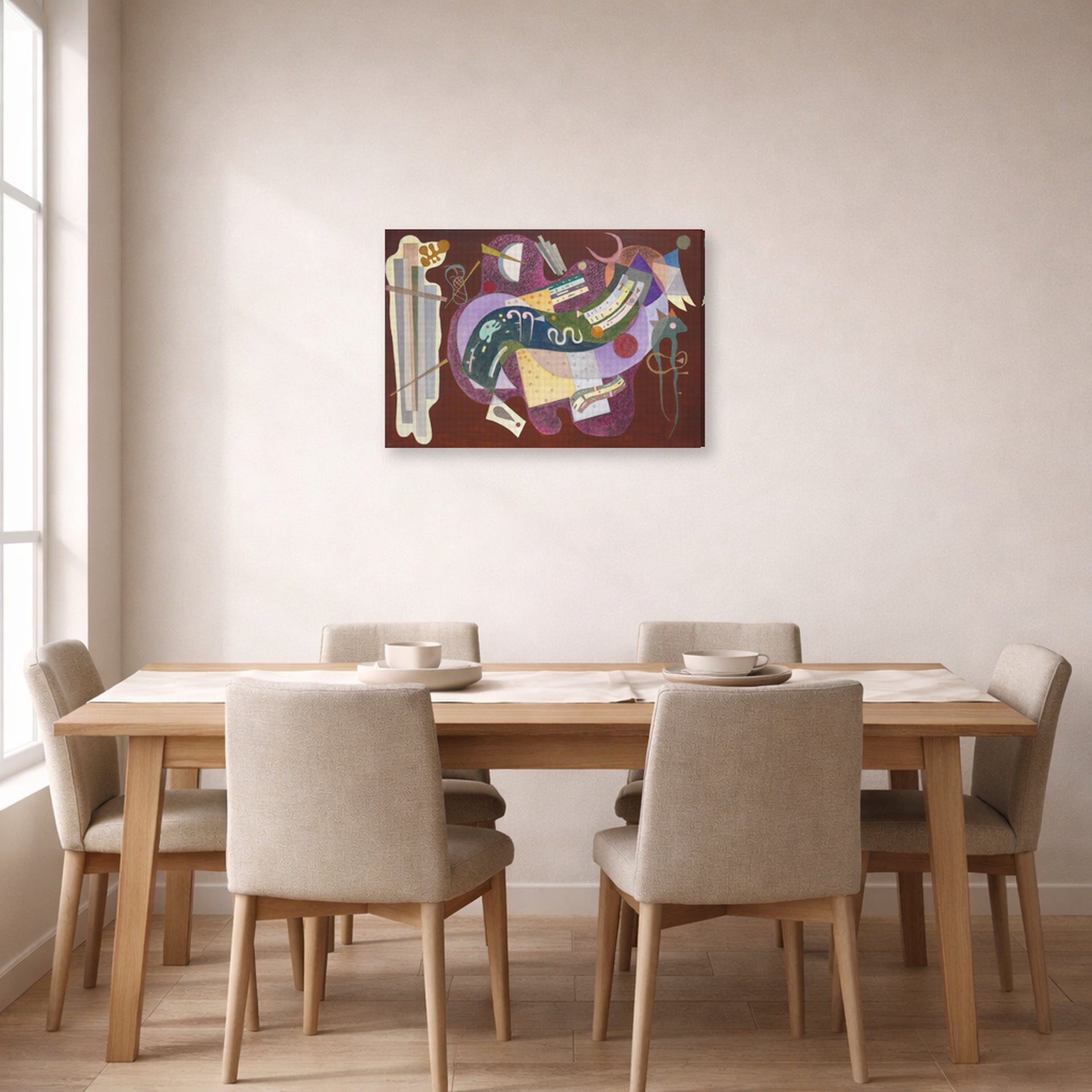 Gallery-wrapped canvas print of Wassily Kandinsky's Rigide Et Courbe displayed on a wall in a dining room