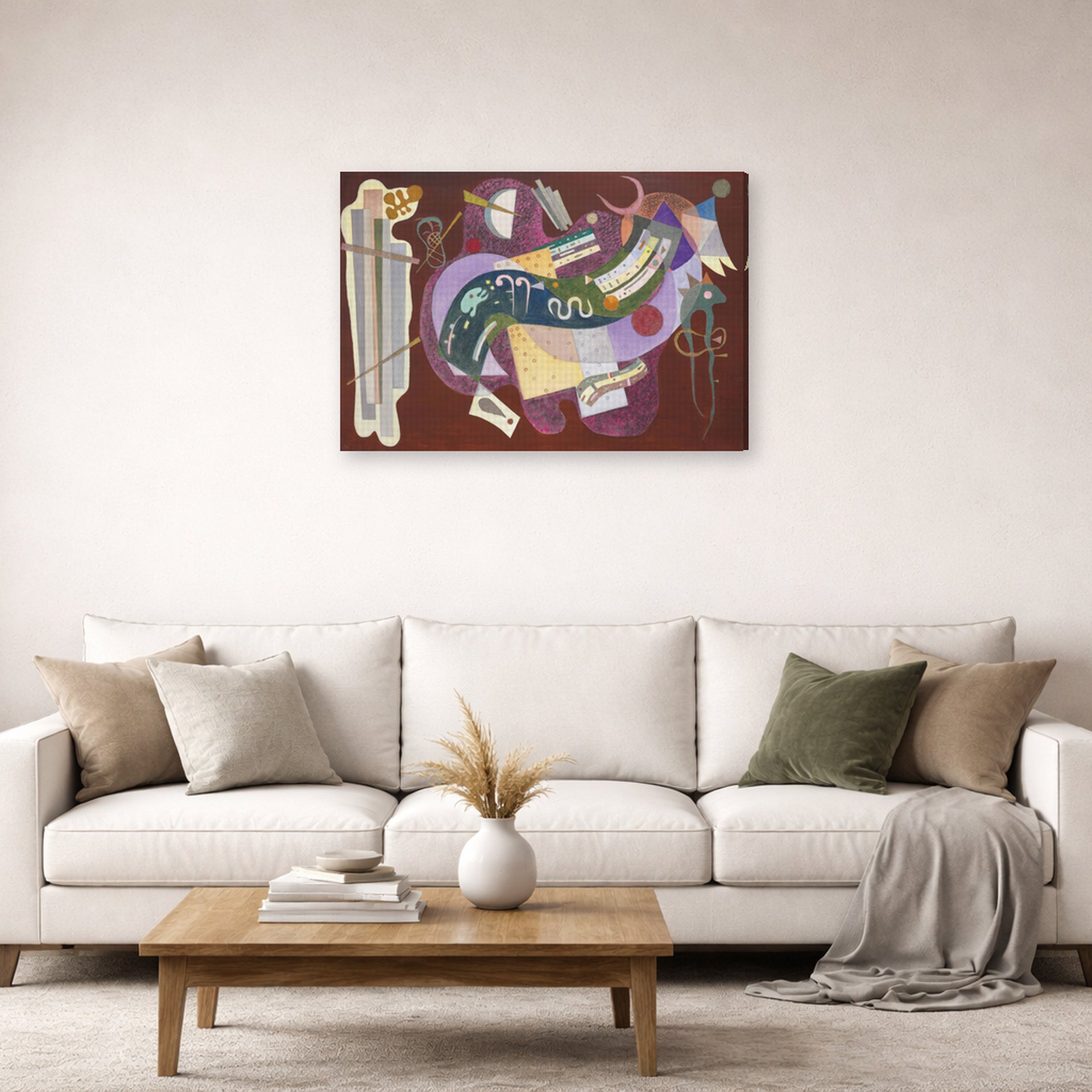 Gallery-wrapped canvas print of Wassily Kandinsky's Rigide Et Courbe displayed on a wall in a living room