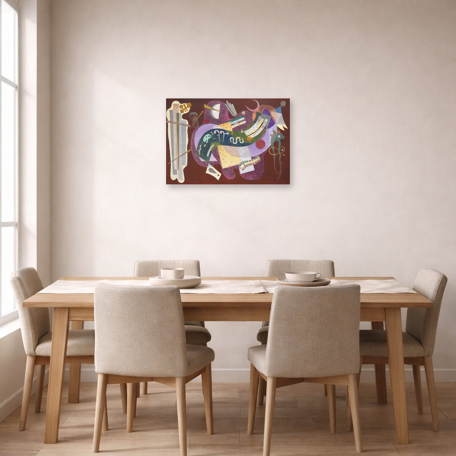 Unframed poster print of Wassily Kandinsky's Rigide Et Courbe displayed on a wall in a dining room