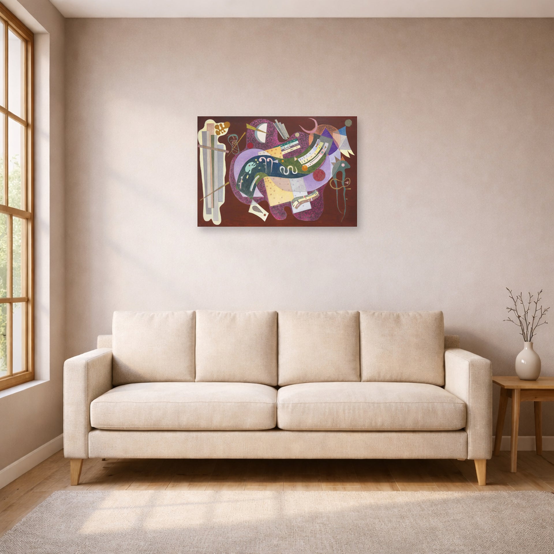 Unframed poster print of Wassily Kandinsky's Rigide Et Courbe displayed on a wall in a living room