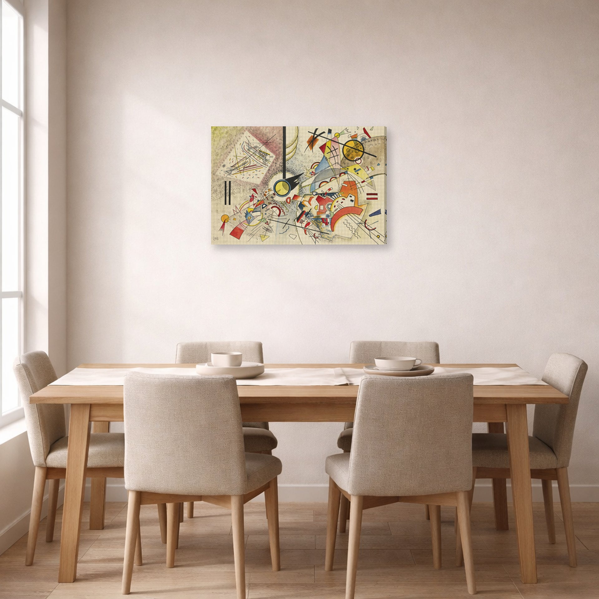 Gallery-wrapped canvas print of Wassily Kandinsky's Sans Titre displayed on a wall in a dining room