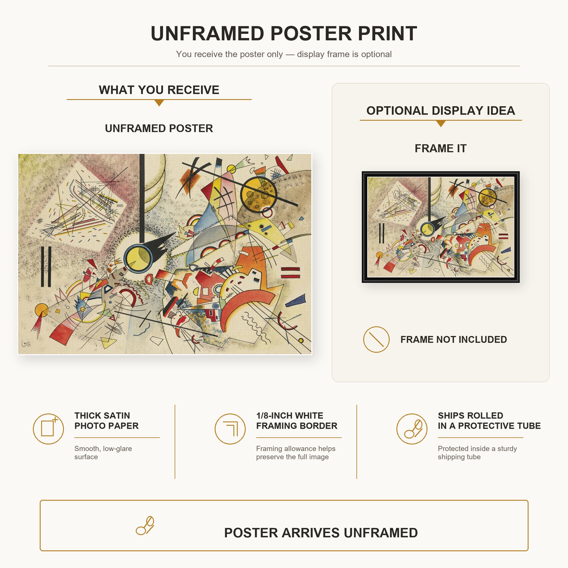 Wassily Kandinsky - Sans Titre poster print size comparison and framing display infographic