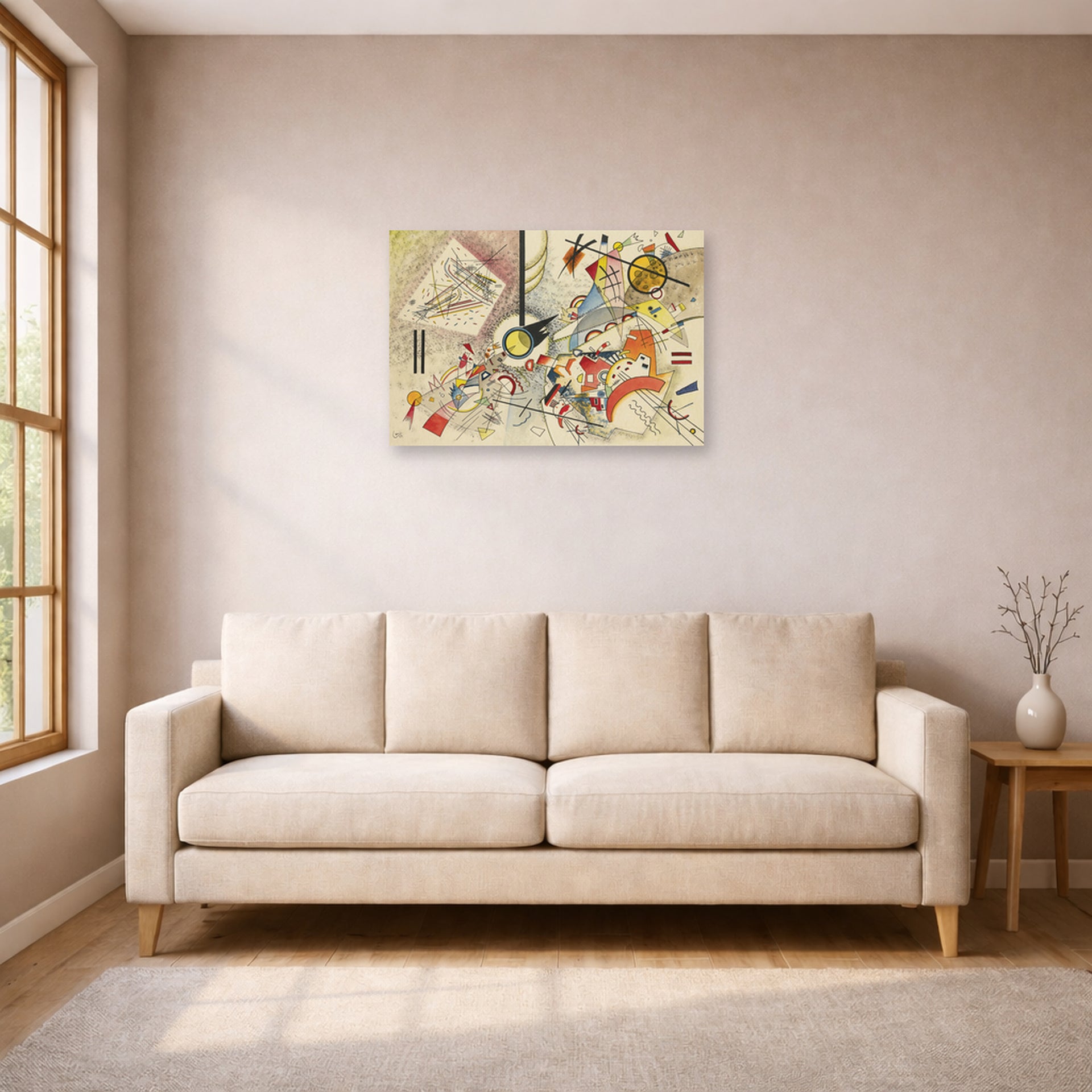 Unframed poster print of Wassily Kandinsky's Sans Titre displayed on a wall in a living room