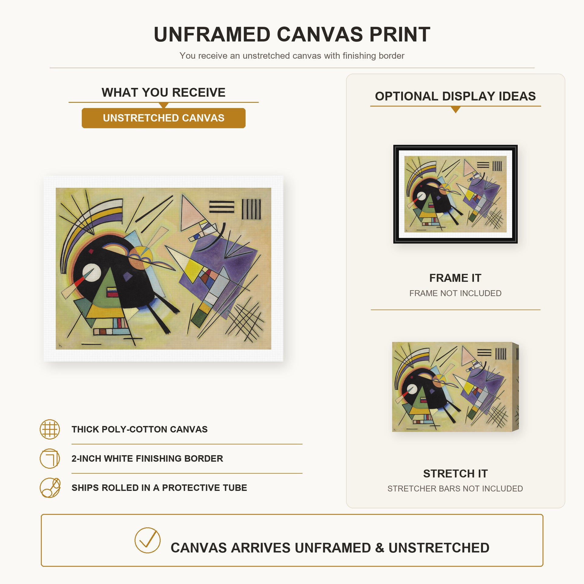 Wassily Kandinsky - Schwarz Ind Violett canvas print size comparison and framing display infographic