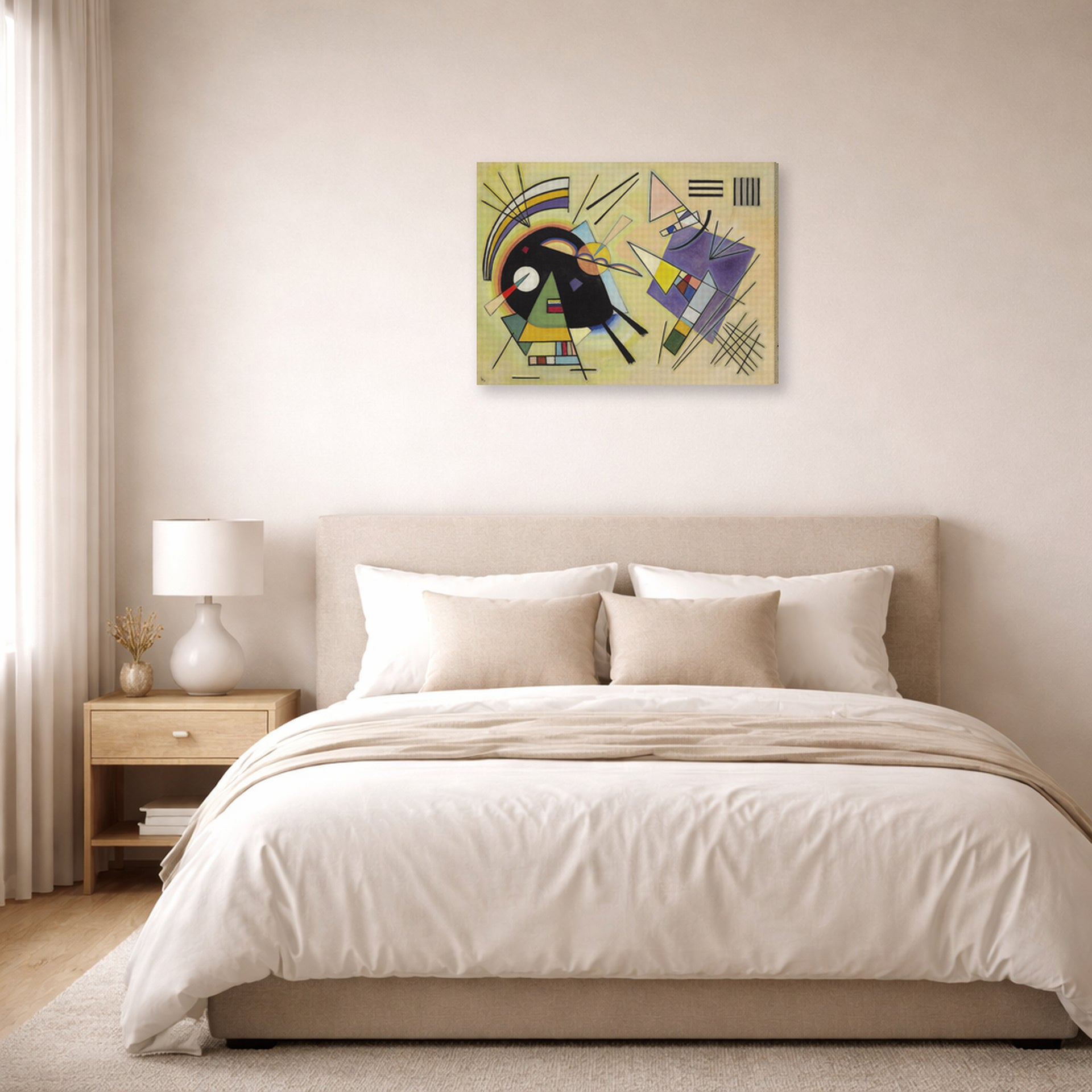 Gallery-wrapped canvas print of Wassily Kandinsky's Schwarz Ind Violett displayed on a wall in a bedroom