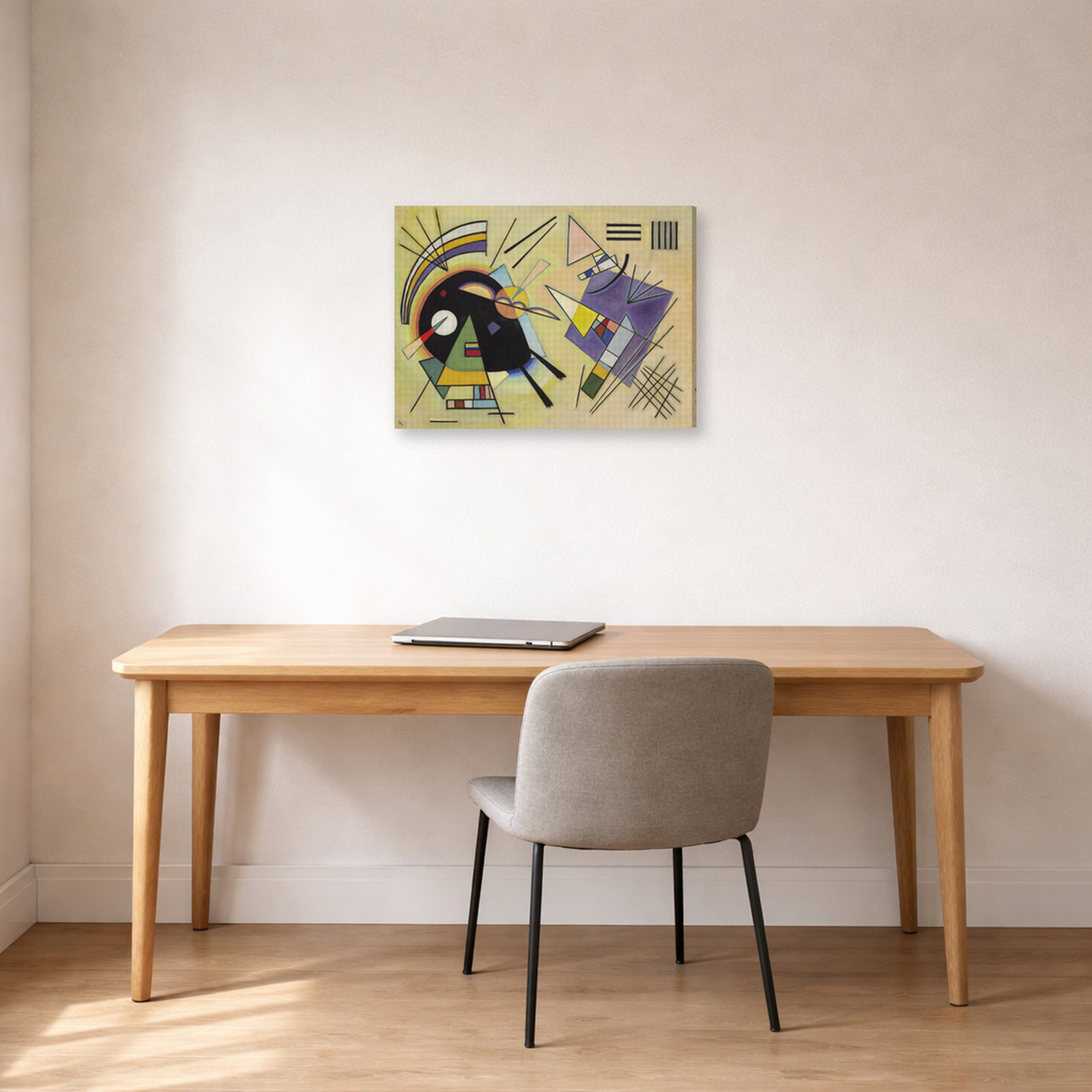 Gallery-wrapped canvas print of Wassily Kandinsky's Schwarz Ind Violett displayed on a wall in an office