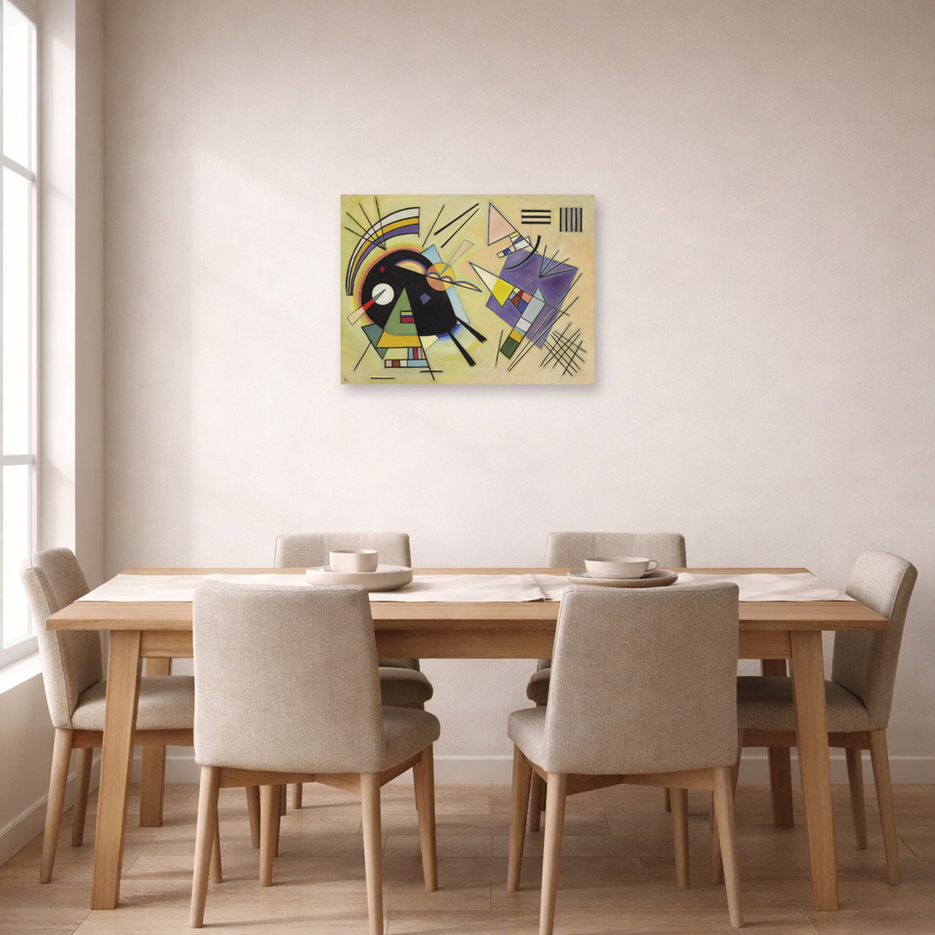 Unframed poster print of Wassily Kandinsky's Schwarz Ind Violett displayed on a wall in a dining room