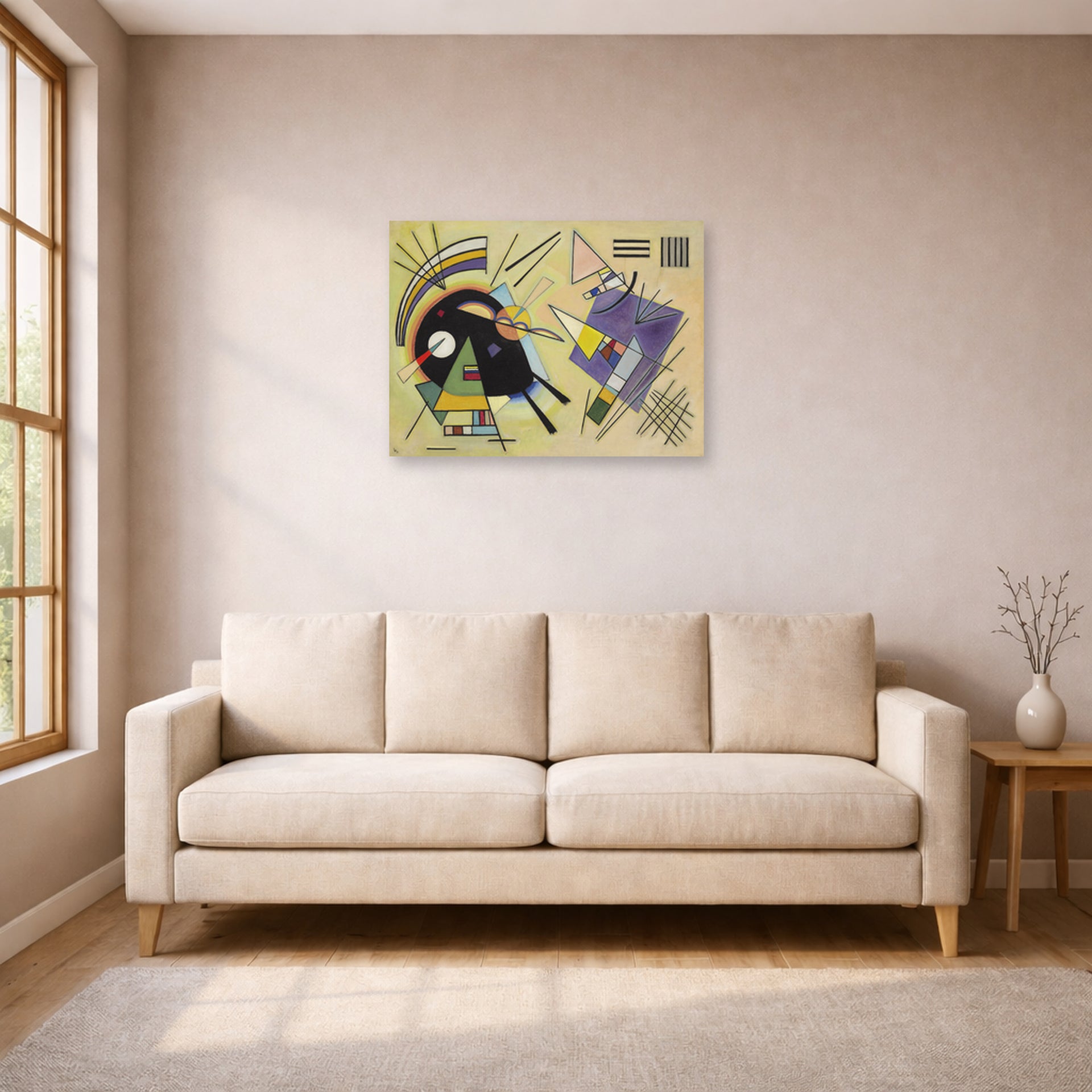 Unframed poster print of Wassily Kandinsky's Schwarz Ind Violett displayed on a wall in a living room