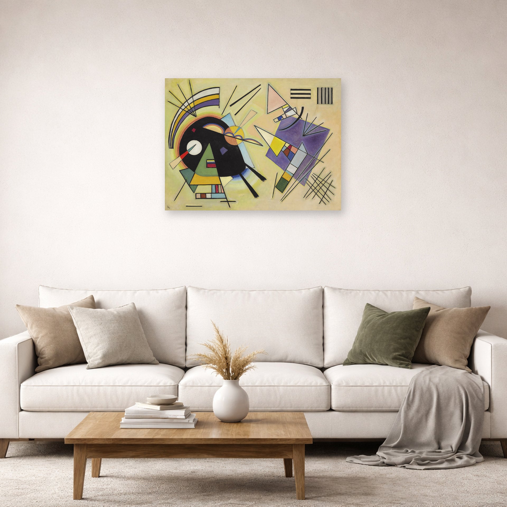 Unframed poster print of Wassily Kandinsky's Schwarz Ind Violett displayed on a wall in a living room