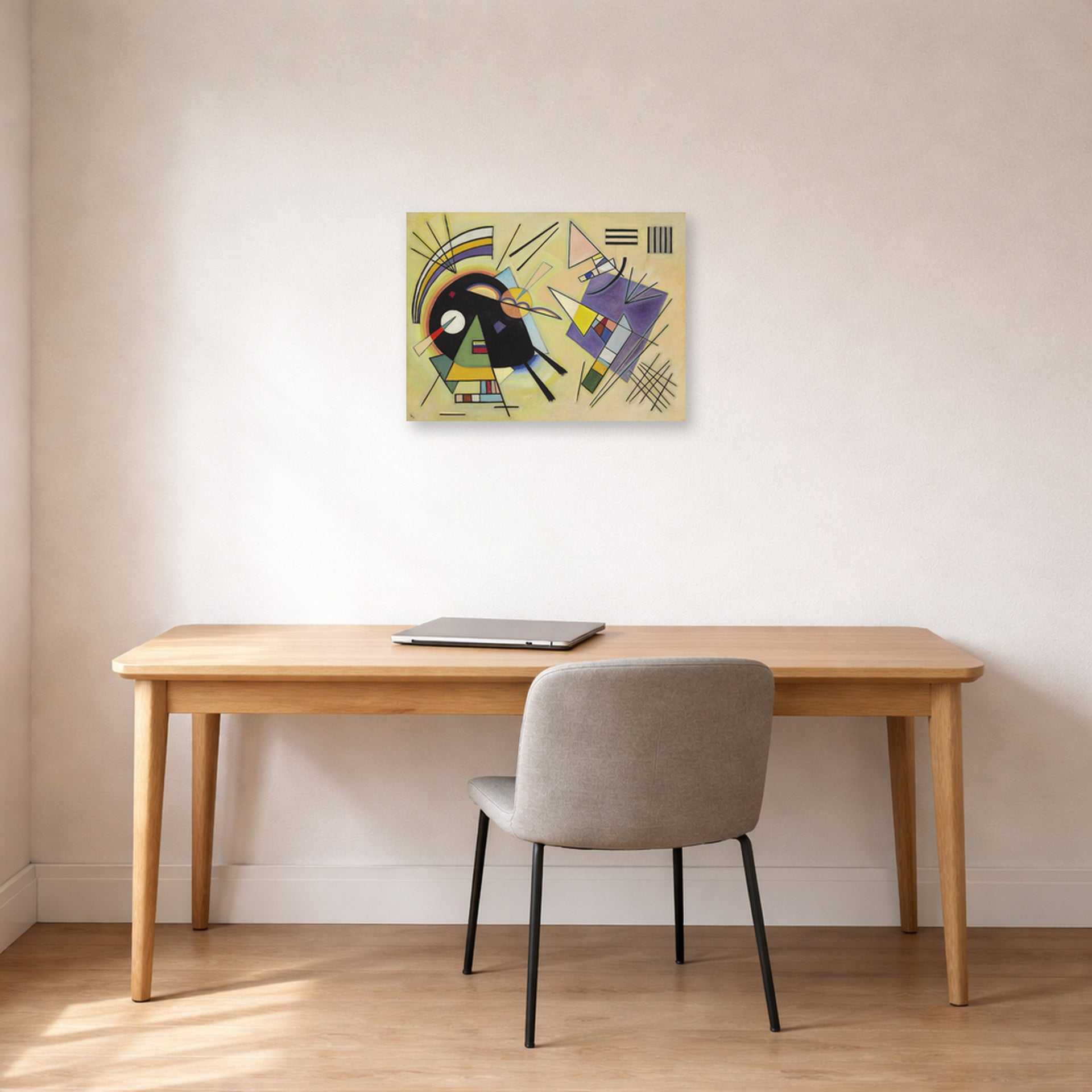 Unframed poster print of Wassily Kandinsky's Schwarz Ind Violett displayed on a wall in an office