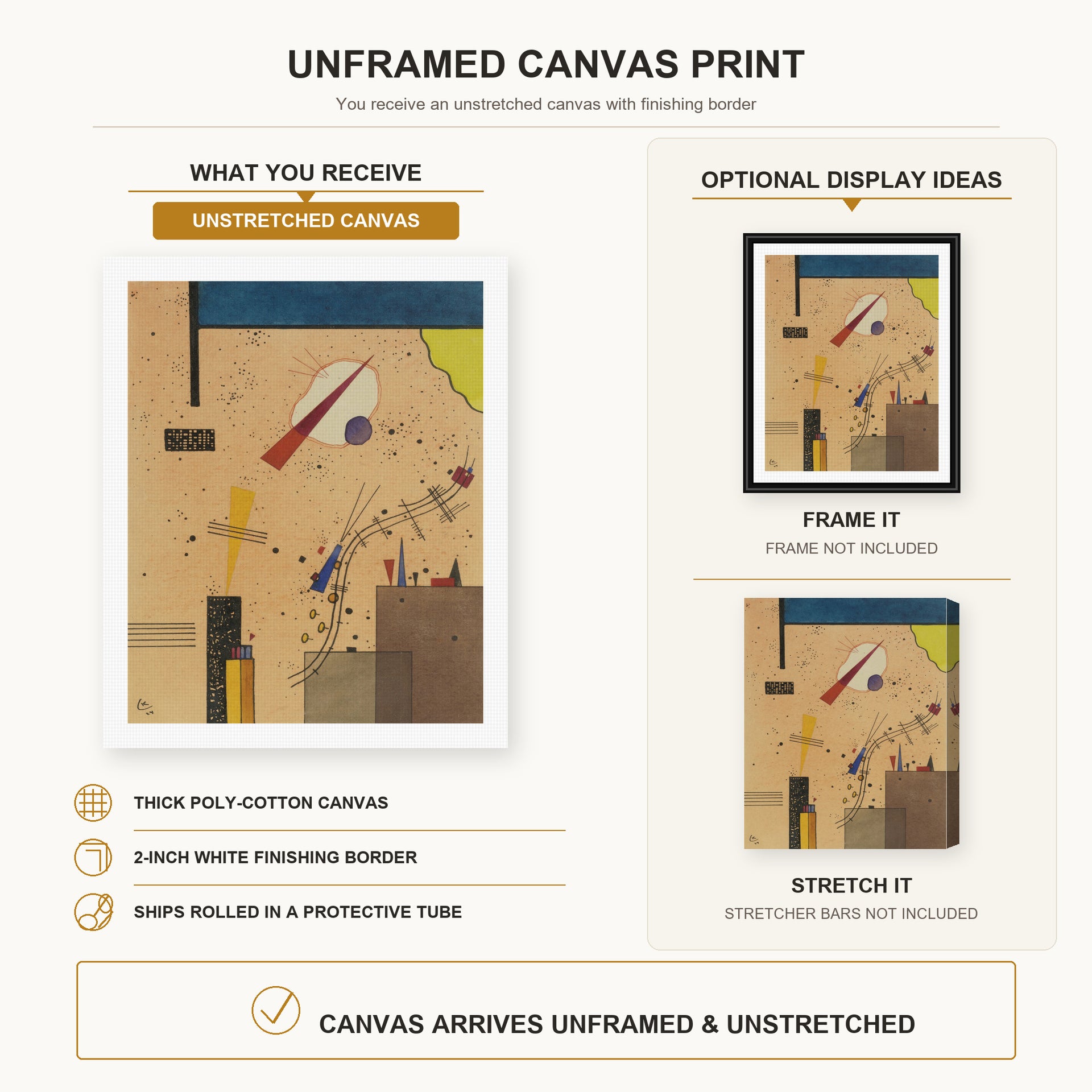 Wassily Kandinsky - Spritze (Spray) canvas print size comparison and framing display infographic