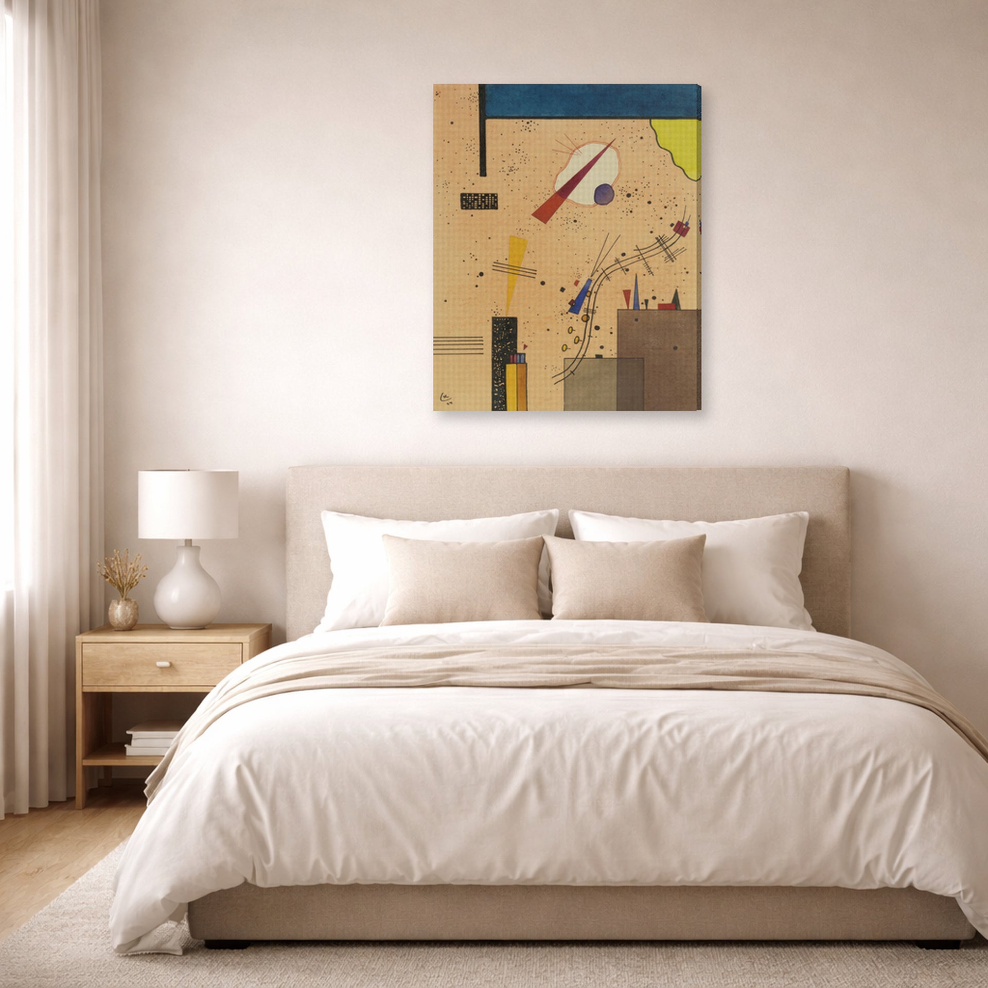 Gallery-wrapped canvas print of Wassily Kandinsky's Spritze (Spray) displayed on a wall in a bedroom