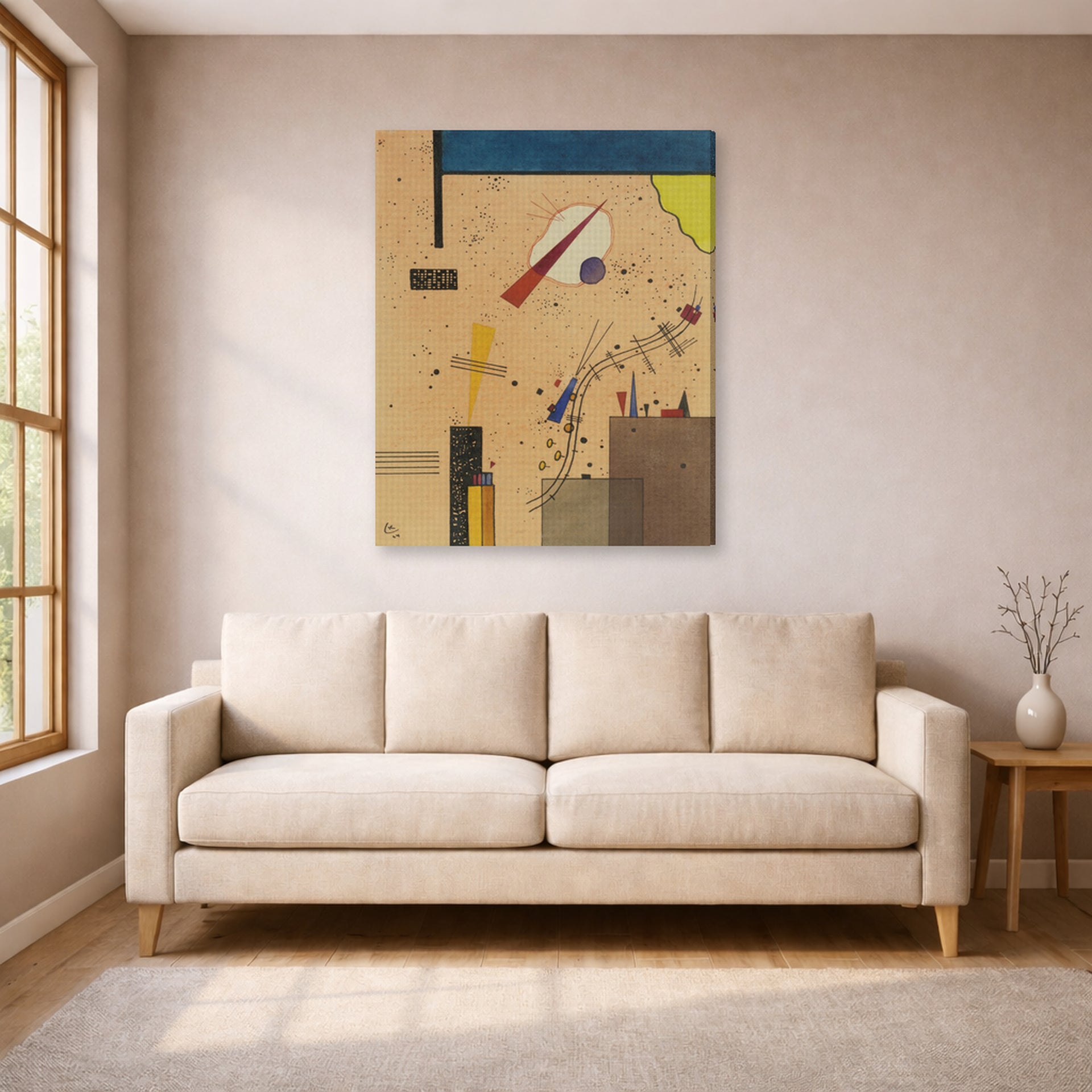 Gallery-wrapped canvas print of Wassily Kandinsky's Spritze (Spray) displayed on a wall in a living room