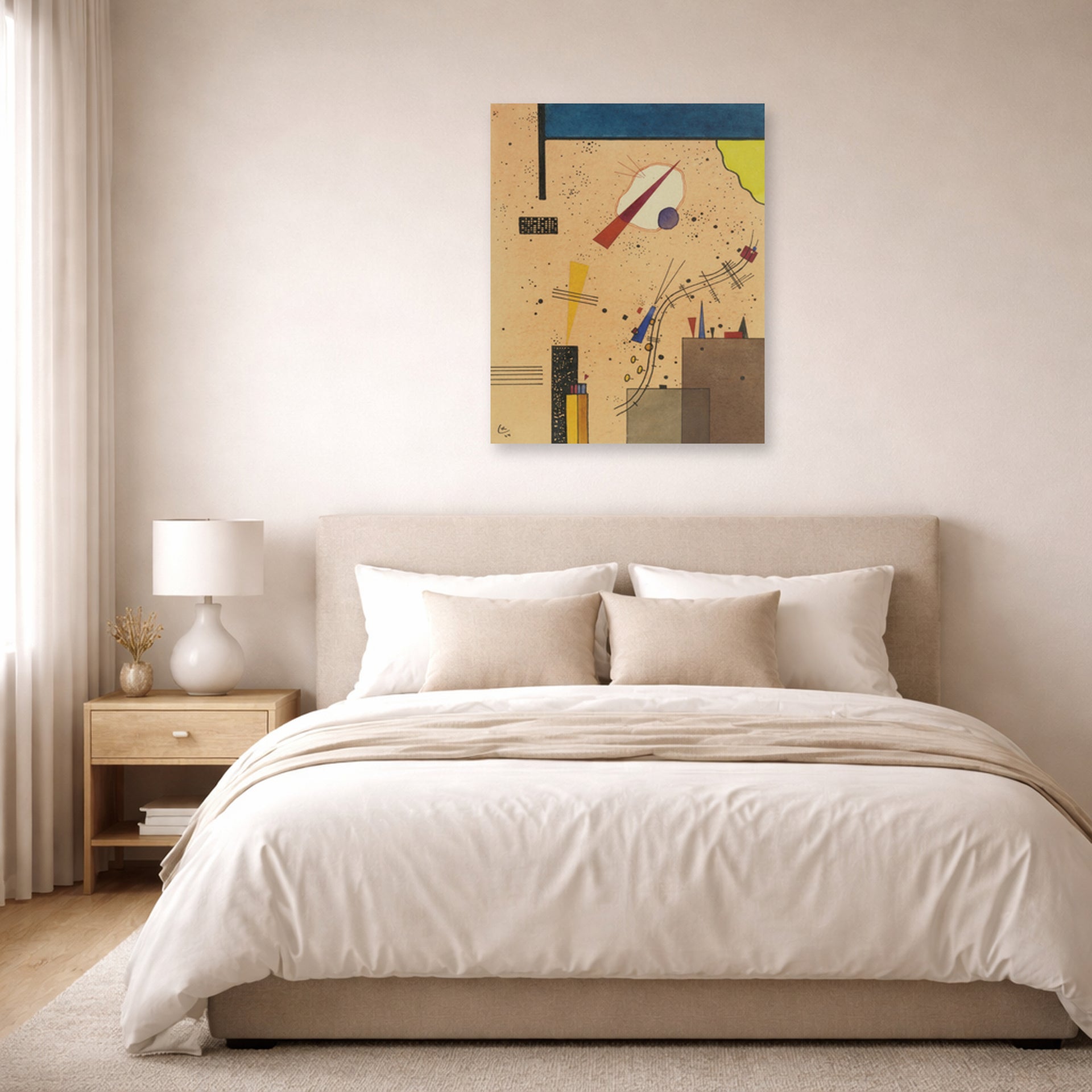 Unframed poster print of Wassily Kandinsky's Spritze (Spray) displayed on a wall in a bedroom