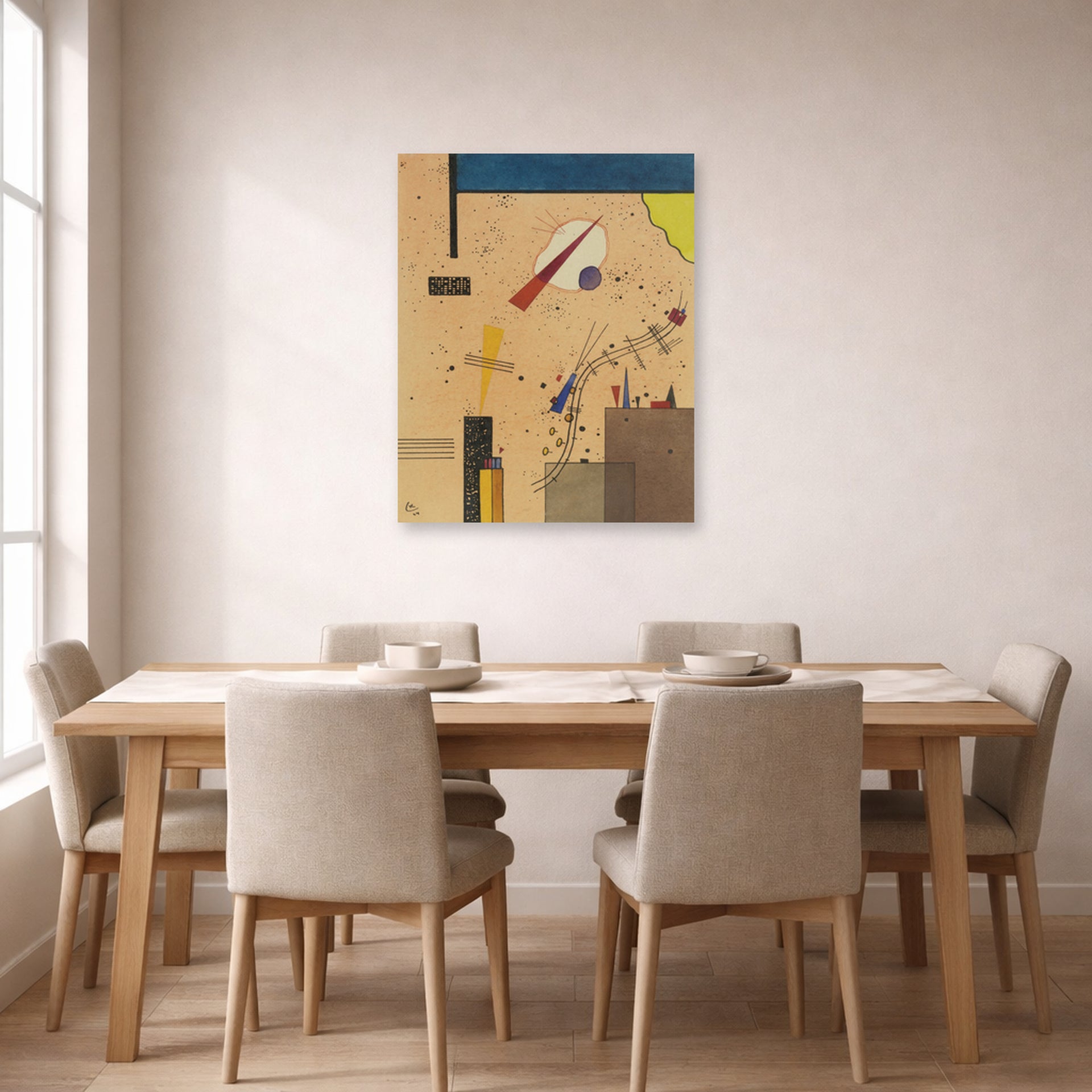 Unframed poster print of Wassily Kandinsky's Spritze (Spray) displayed on a wall in a dining room