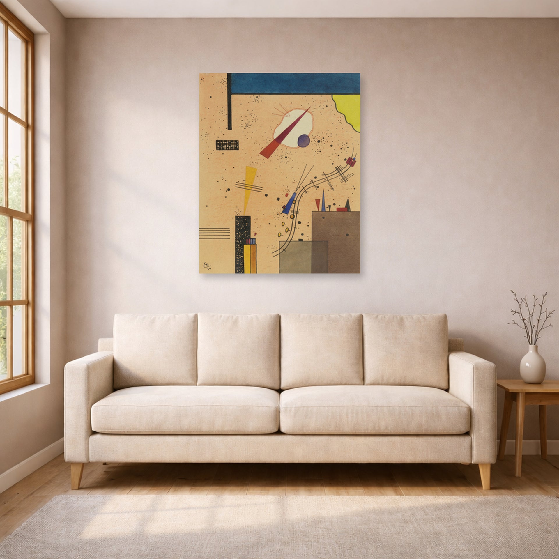 Unframed poster print of Wassily Kandinsky's Spritze (Spray) displayed on a wall in a living room