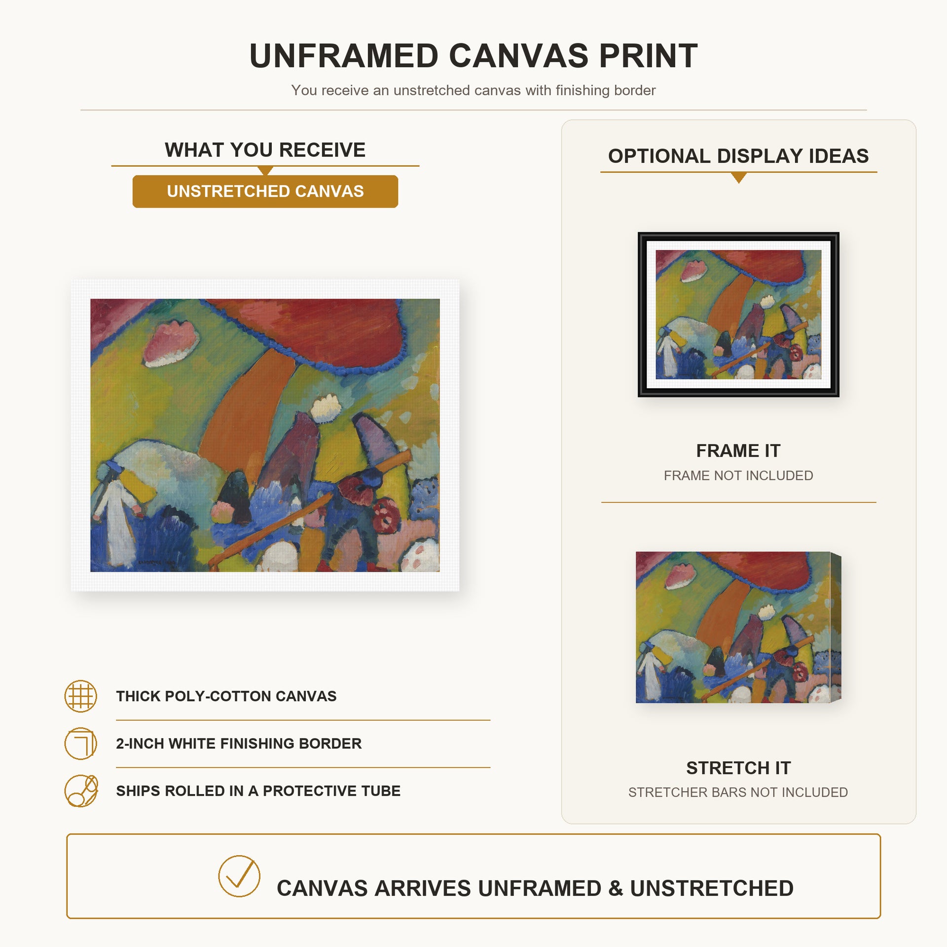 Wassily Kandinsky - Strandenze canvas print size comparison and framing display infographic