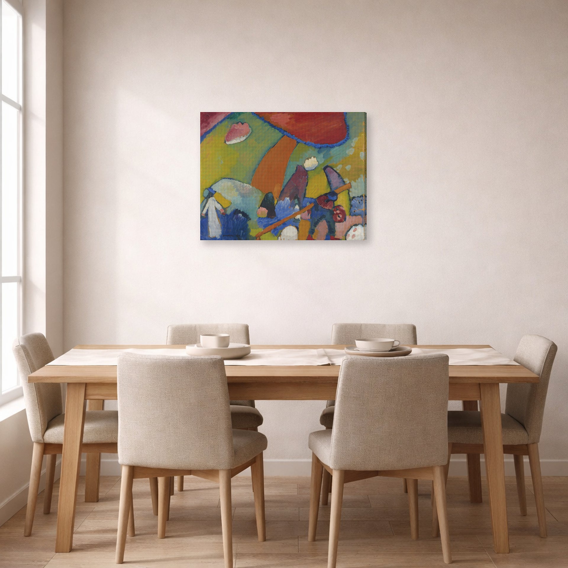 Gallery-wrapped canvas print of Wassily Kandinsky's Strandenze displayed on a wall in a dining room