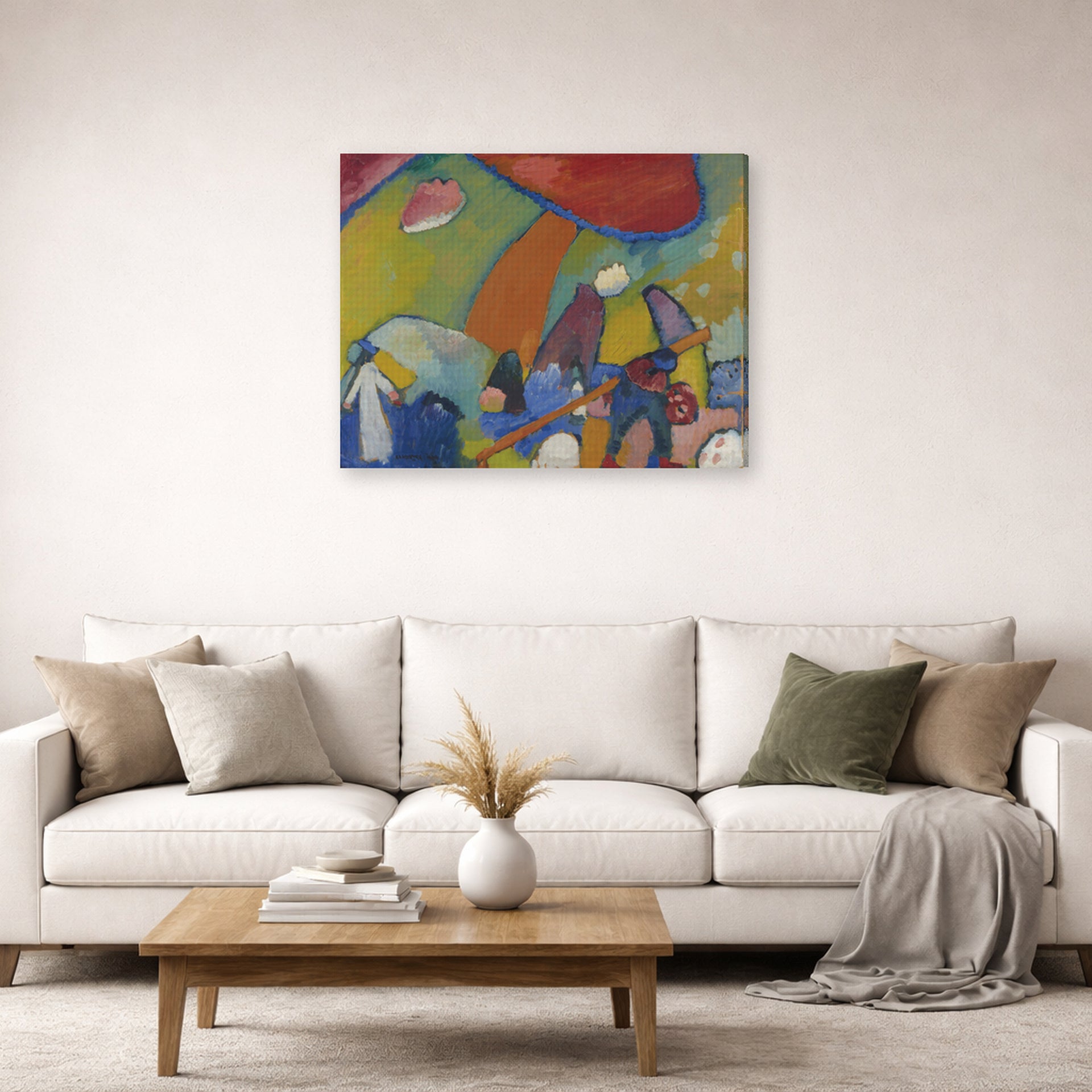 Gallery-wrapped canvas print of Wassily Kandinsky's Strandenze displayed on a wall in a living room
