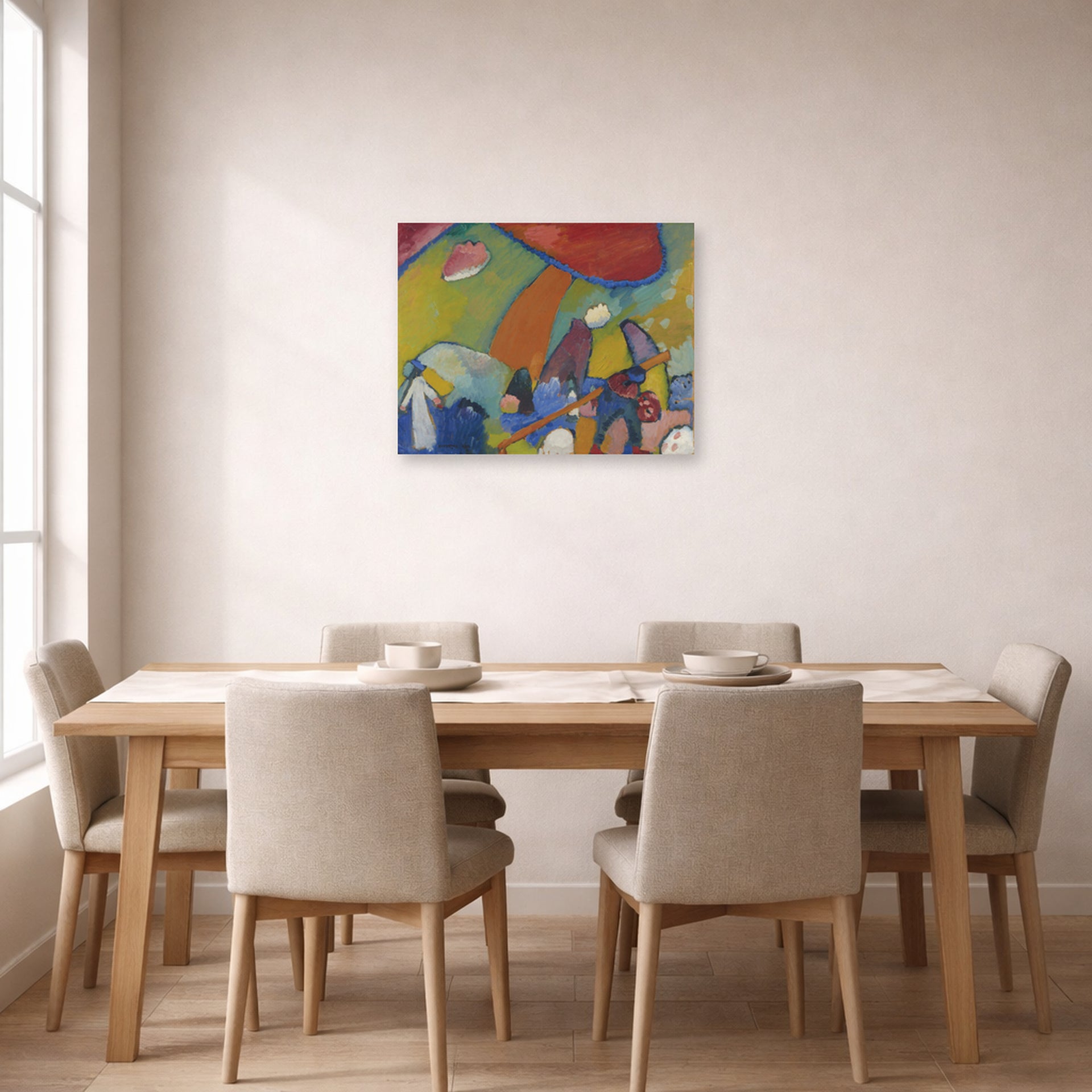 Unframed poster print of Wassily Kandinsky's Strandenze displayed on a wall in a dining room