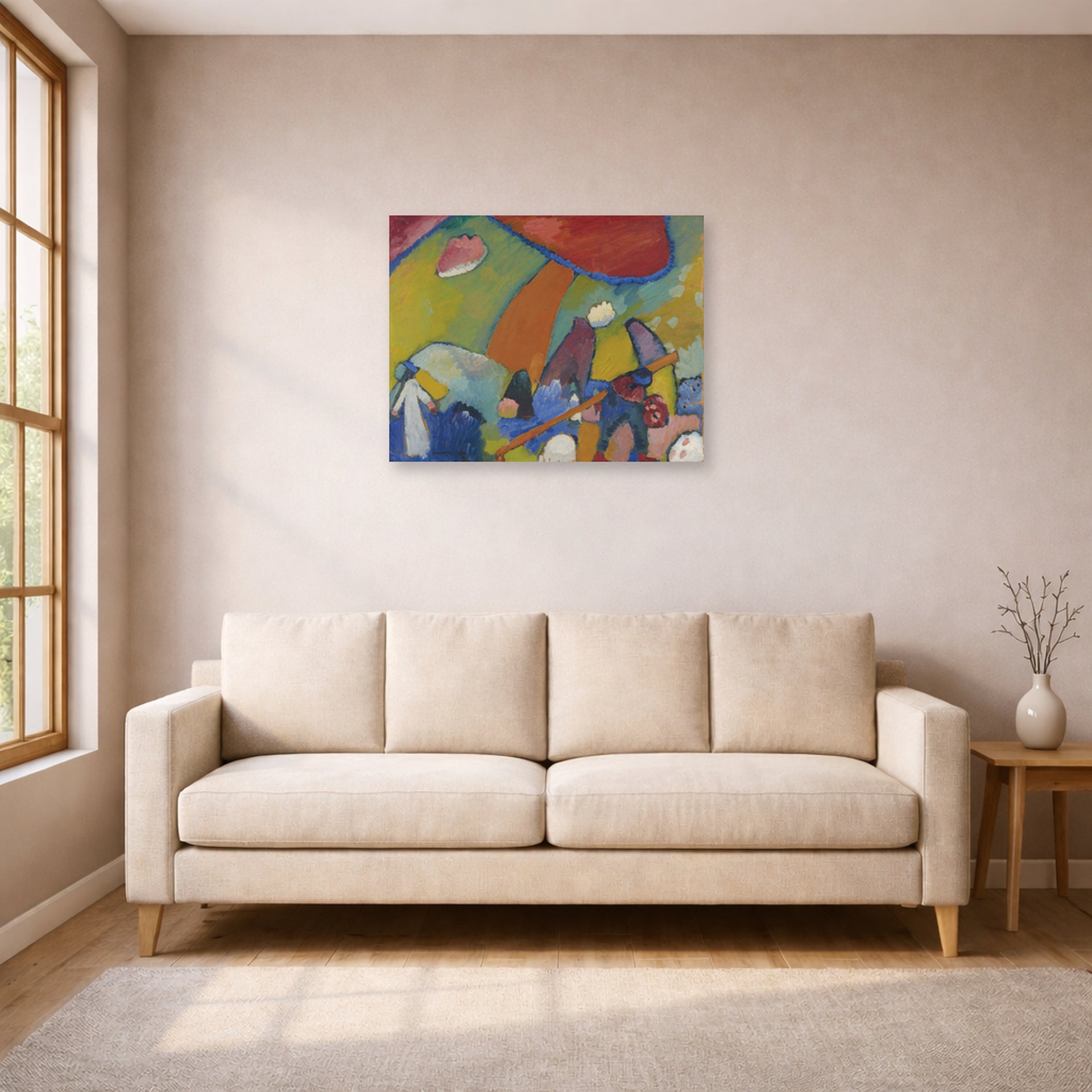 Unframed poster print of Wassily Kandinsky's Strandenze displayed on a wall in a living room