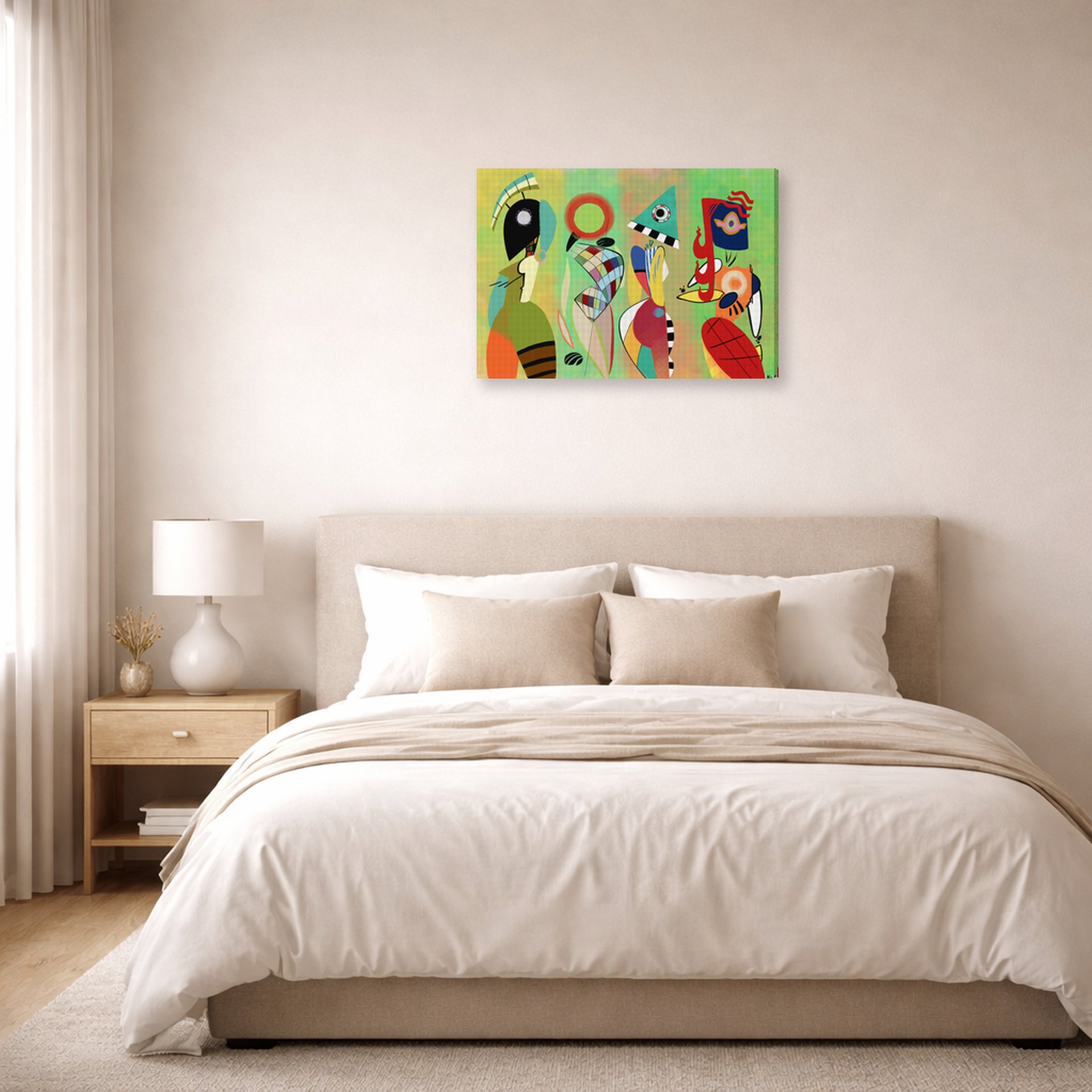 Gallery-wrapped canvas print of Wassily Kandinsky's The Muses displayed on a wall in a bedroom