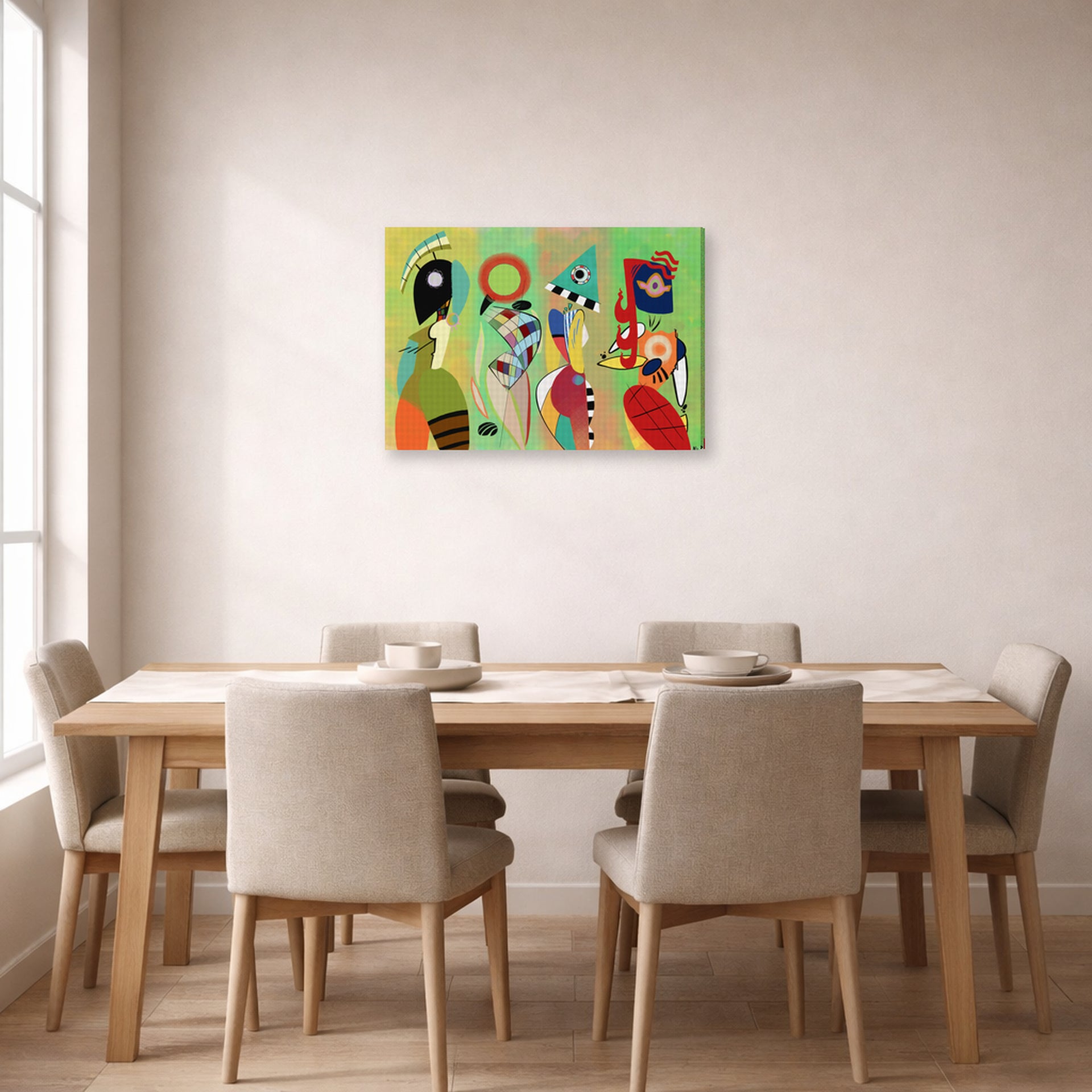 Gallery-wrapped canvas print of Wassily Kandinsky's The Muses displayed on a wall in a dining room
