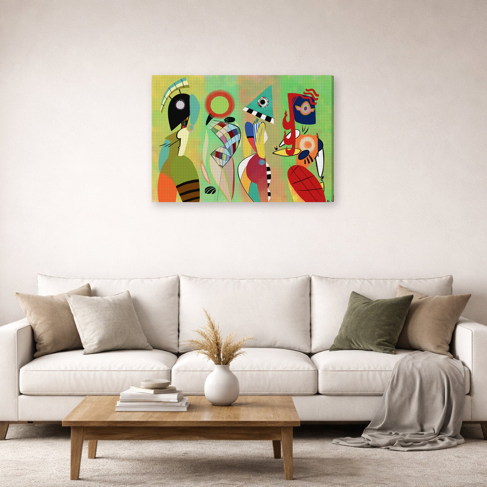 Gallery-wrapped canvas print of Wassily Kandinsky's The Muses displayed on a wall in a living room