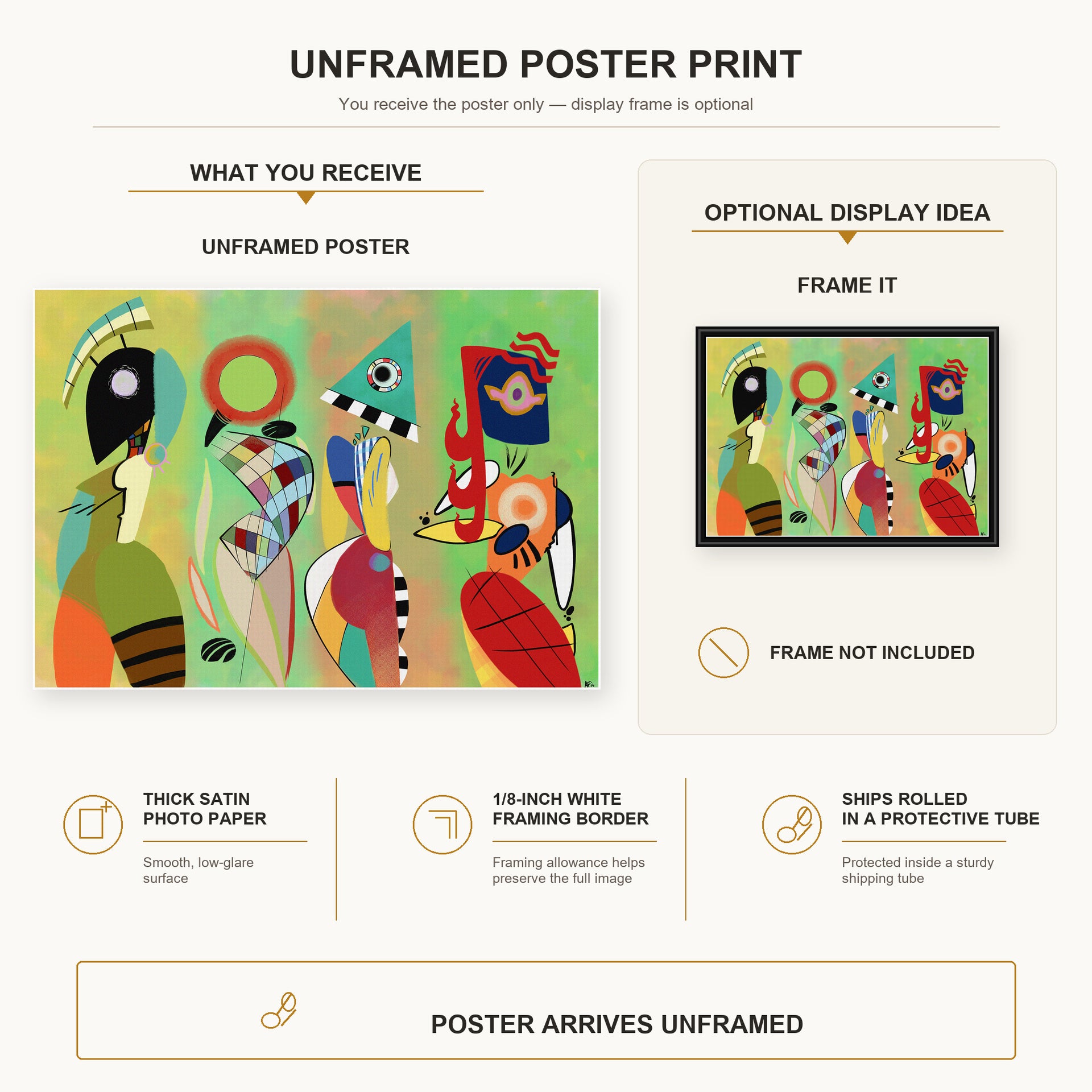 Wassily Kandinsky - The Muses poster print size comparison and framing display infographic