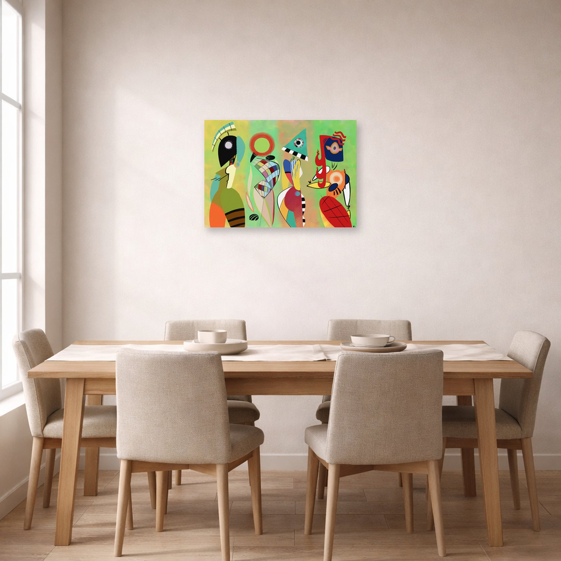 Unframed poster print of Wassily Kandinsky's The Muses displayed on a wall in a dining room