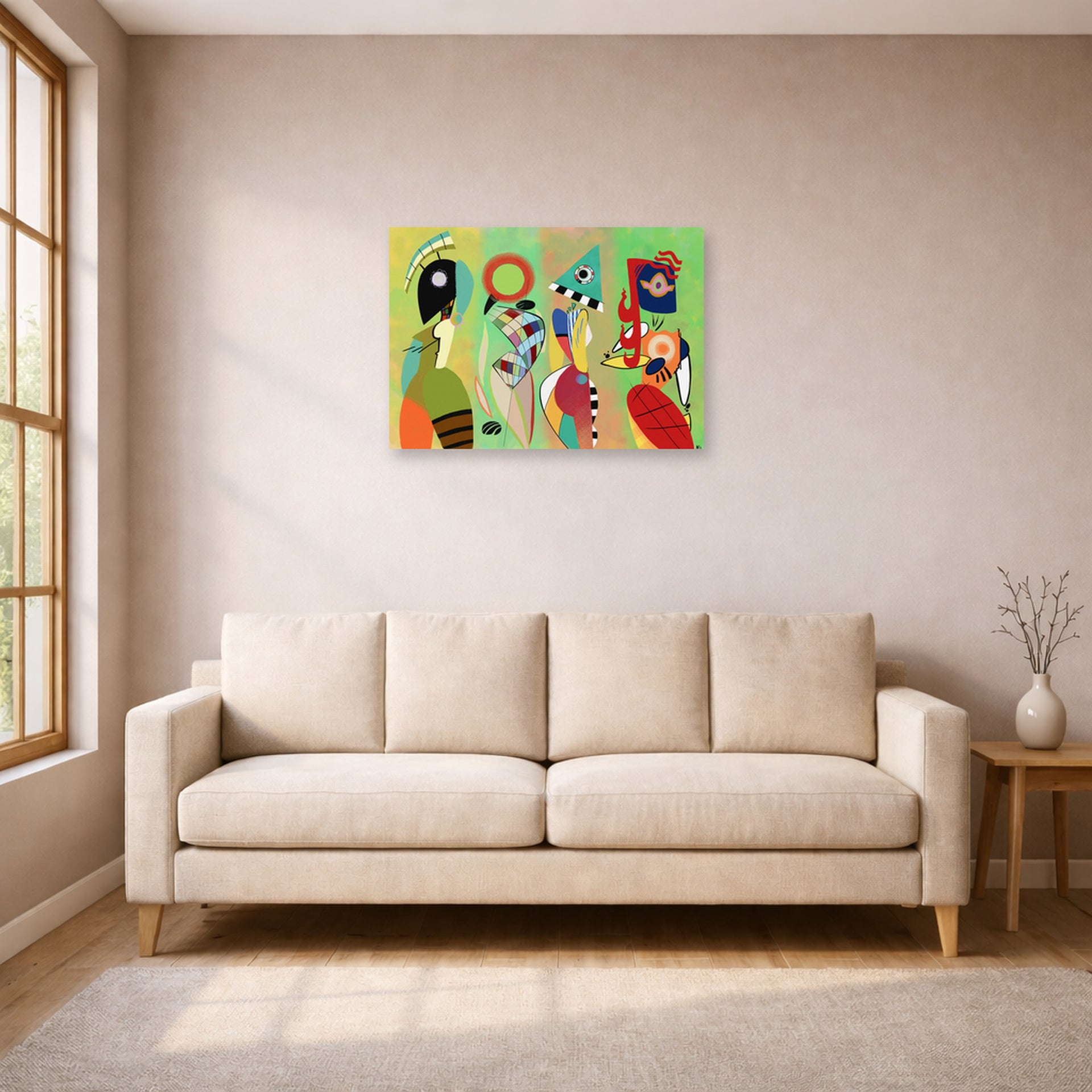 Unframed poster print of Wassily Kandinsky's The Muses displayed on a wall in a living room