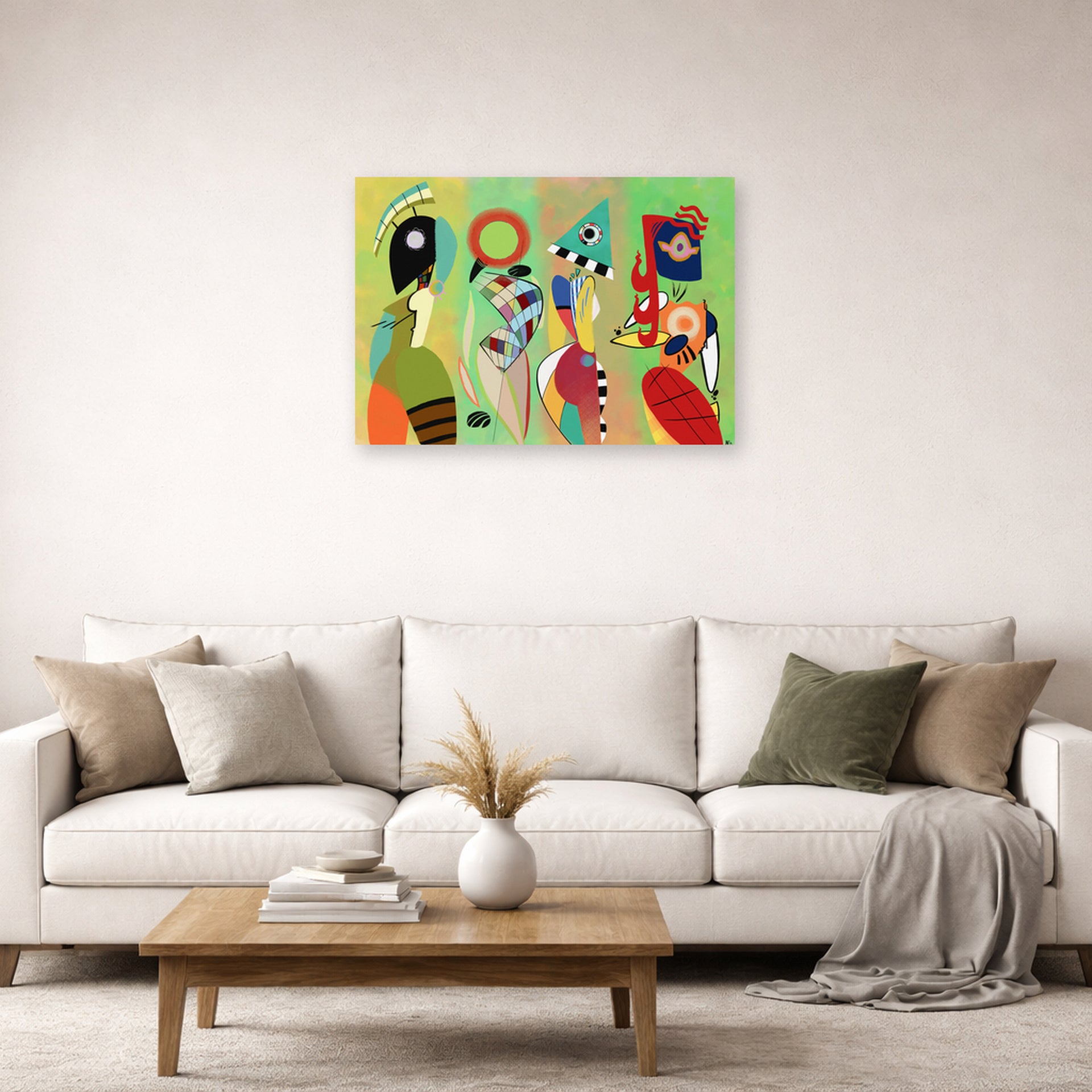 Unframed poster print of Wassily Kandinsky's The Muses displayed on a wall in a living room