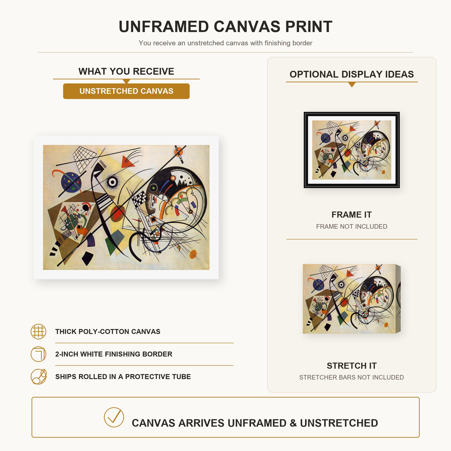 Wassily Kandinsky - Throughgoing line canvas print size comparison and framing display infographic