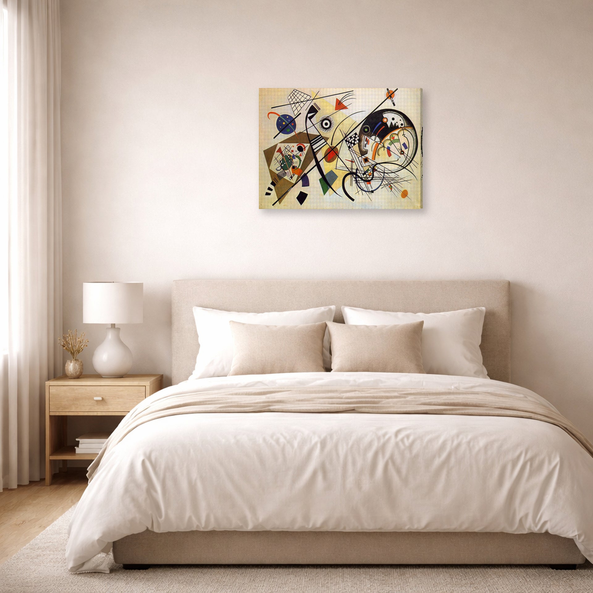 Gallery-wrapped canvas print of Wassily Kandinsky's Throughgoing line displayed on a wall in a bedroom