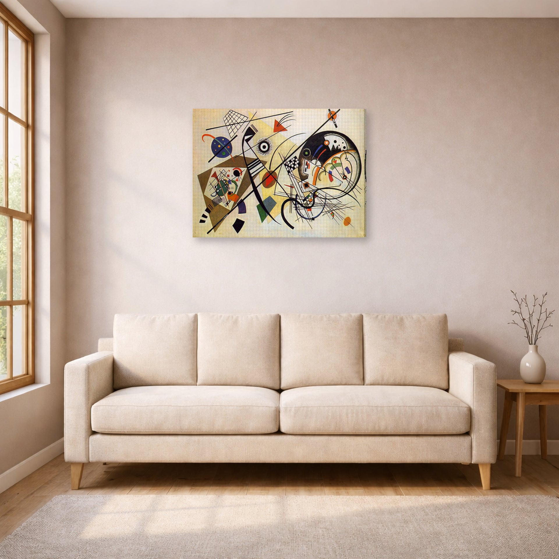 Gallery-wrapped canvas print of Wassily Kandinsky's Throughgoing line displayed on a wall in a living room