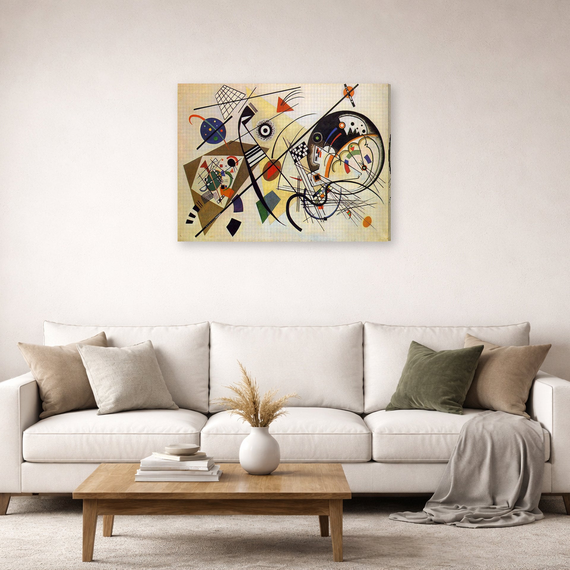 Gallery-wrapped canvas print of Wassily Kandinsky's Throughgoing line displayed on a wall in a living room