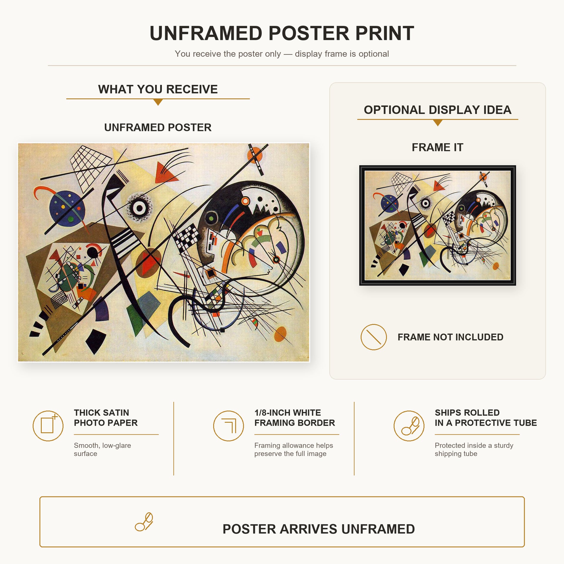 Wassily Kandinsky - Throughgoing line poster print size comparison and framing display infographic
