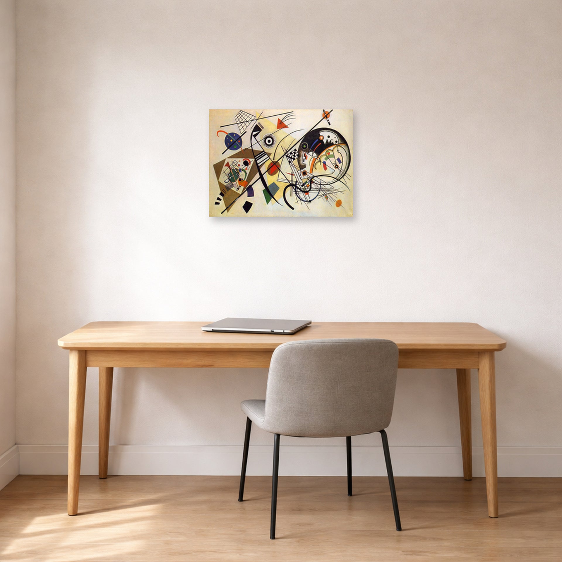 Unframed poster print of Wassily Kandinsky's Throughgoing line displayed on a wall in an office