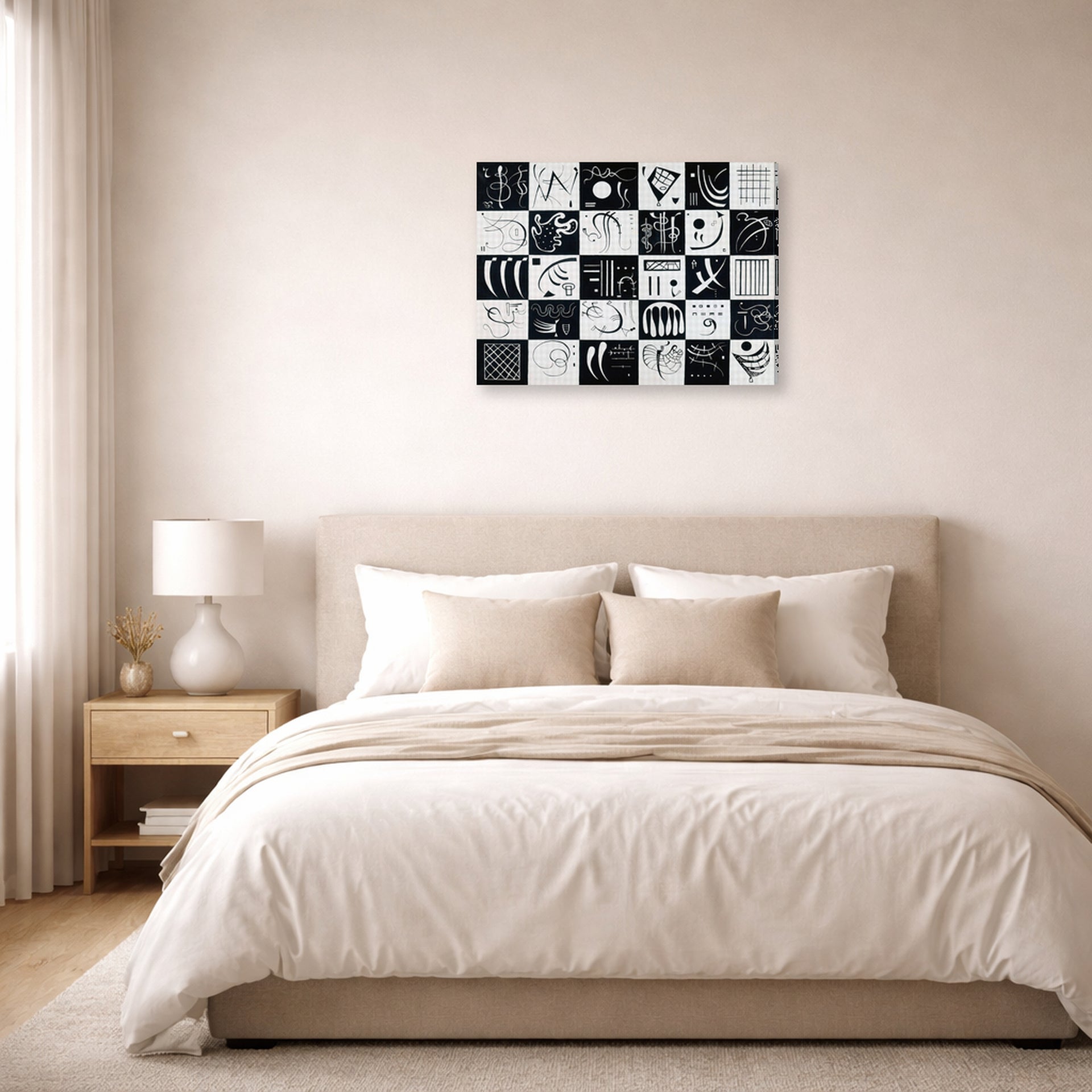 Gallery-wrapped canvas print of Wassily Kandinsky's Trente displayed on a wall in a bedroom