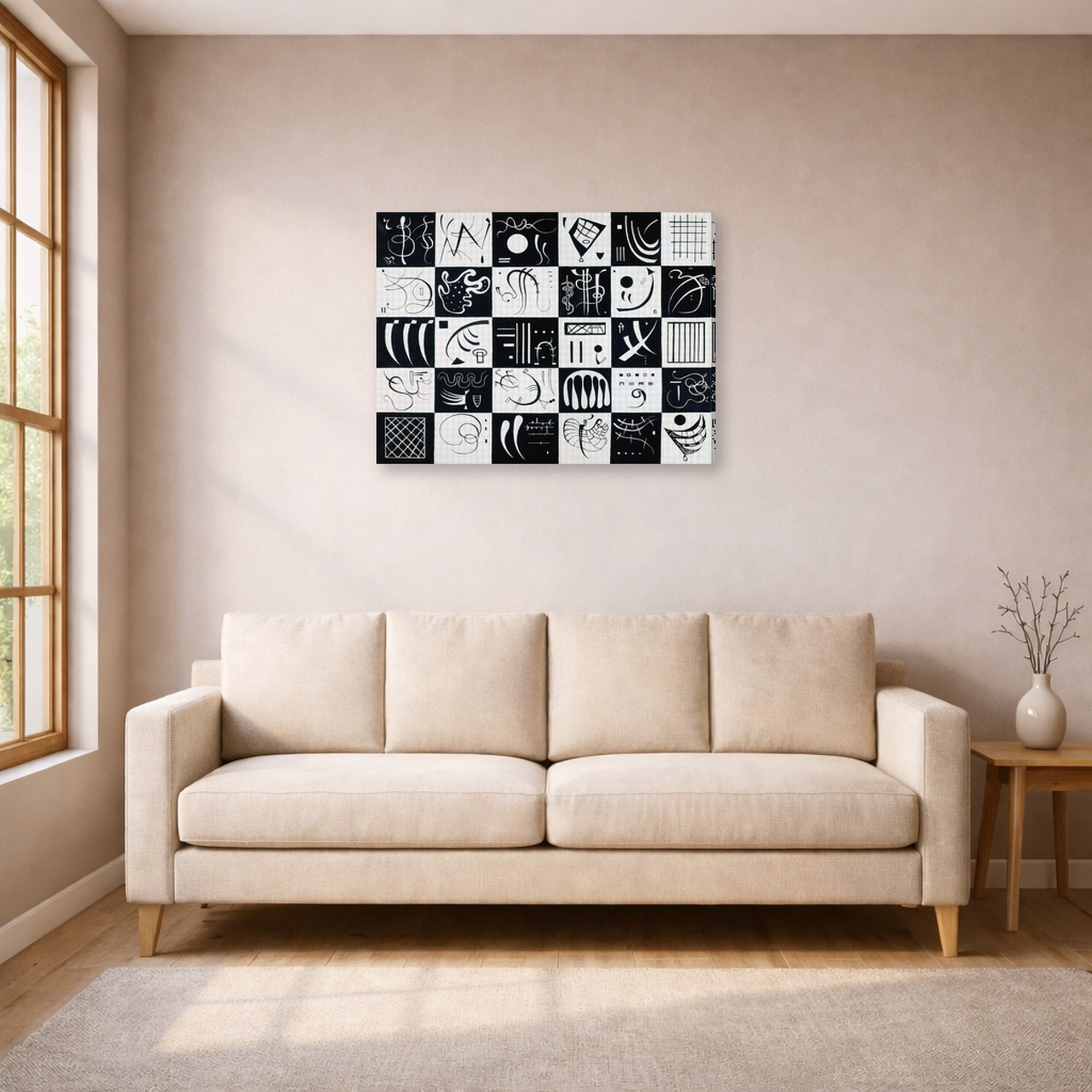 Gallery-wrapped canvas print of Wassily Kandinsky's Trente displayed on a wall in a living room