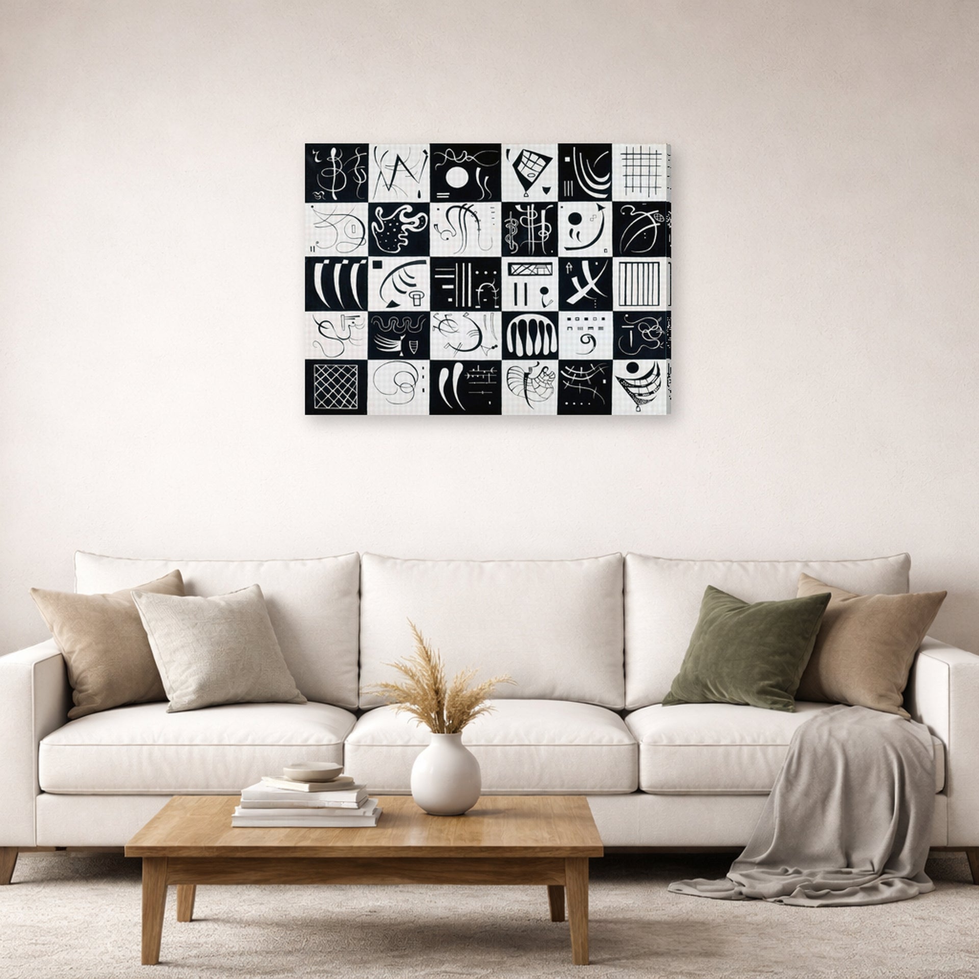 Gallery-wrapped canvas print of Wassily Kandinsky's Trente displayed on a wall in a living room