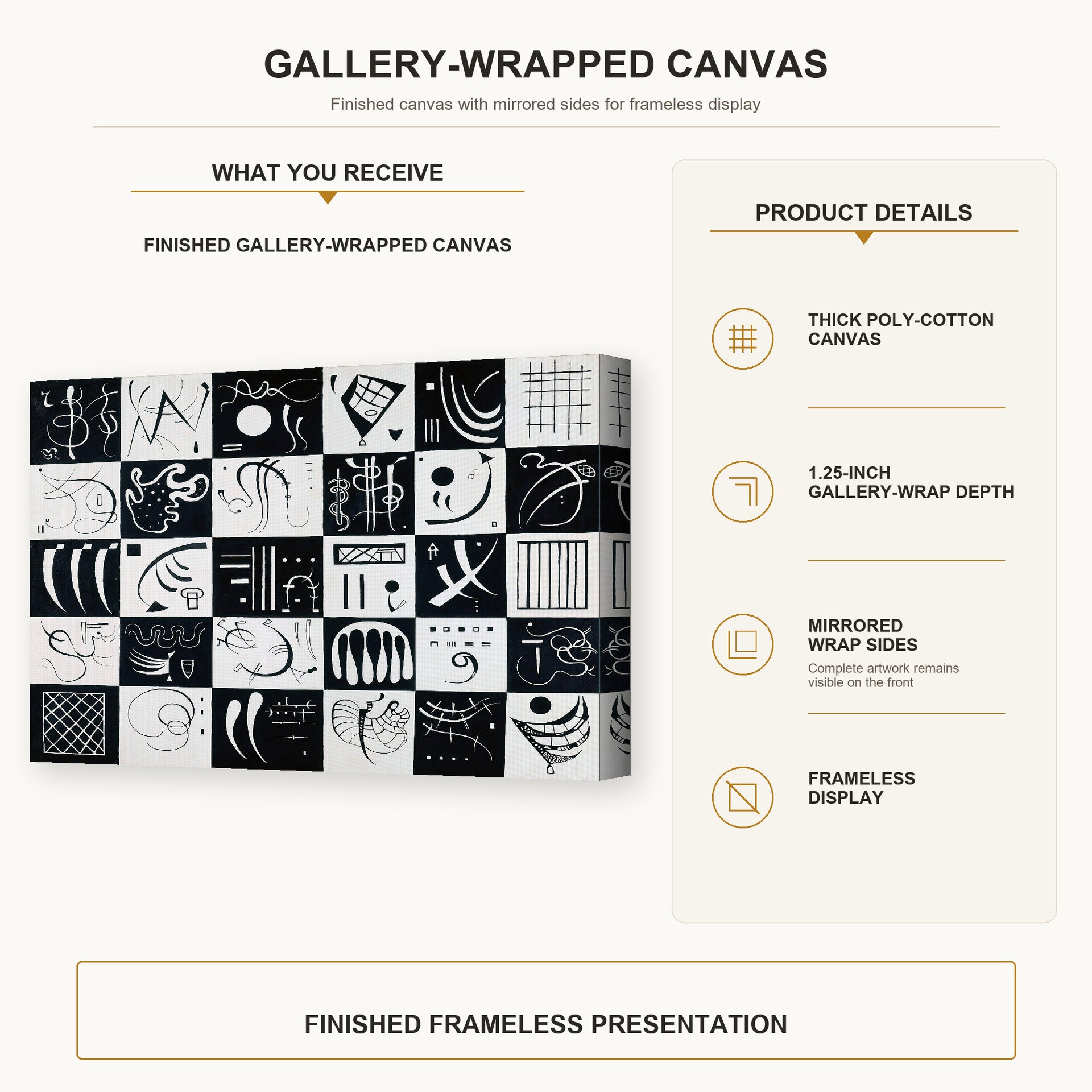 Wassily Kandinsky - Trente gallery wrap canvas construction and hanging details infographic