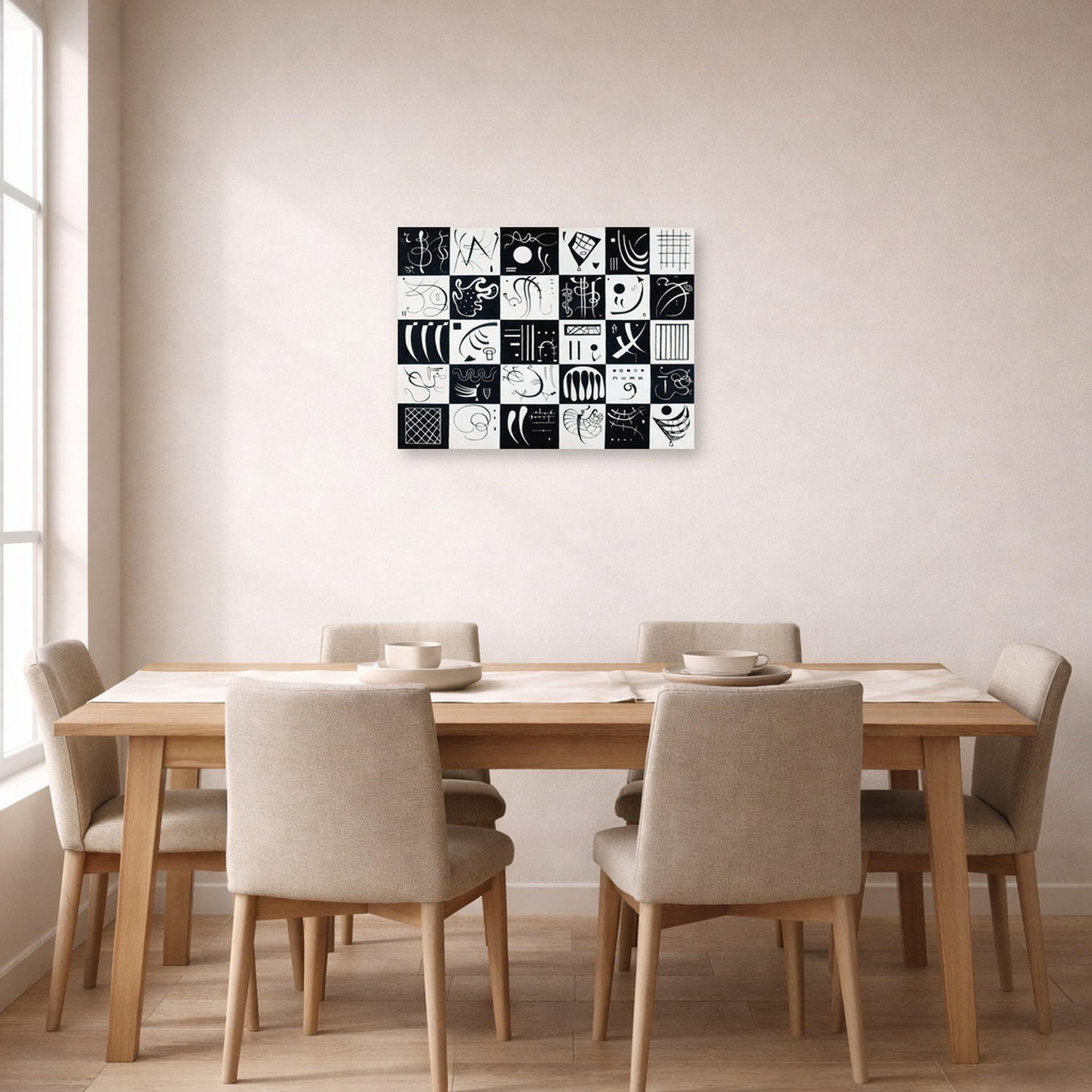 Unframed poster print of Wassily Kandinsky's Trente displayed on a wall in a dining room