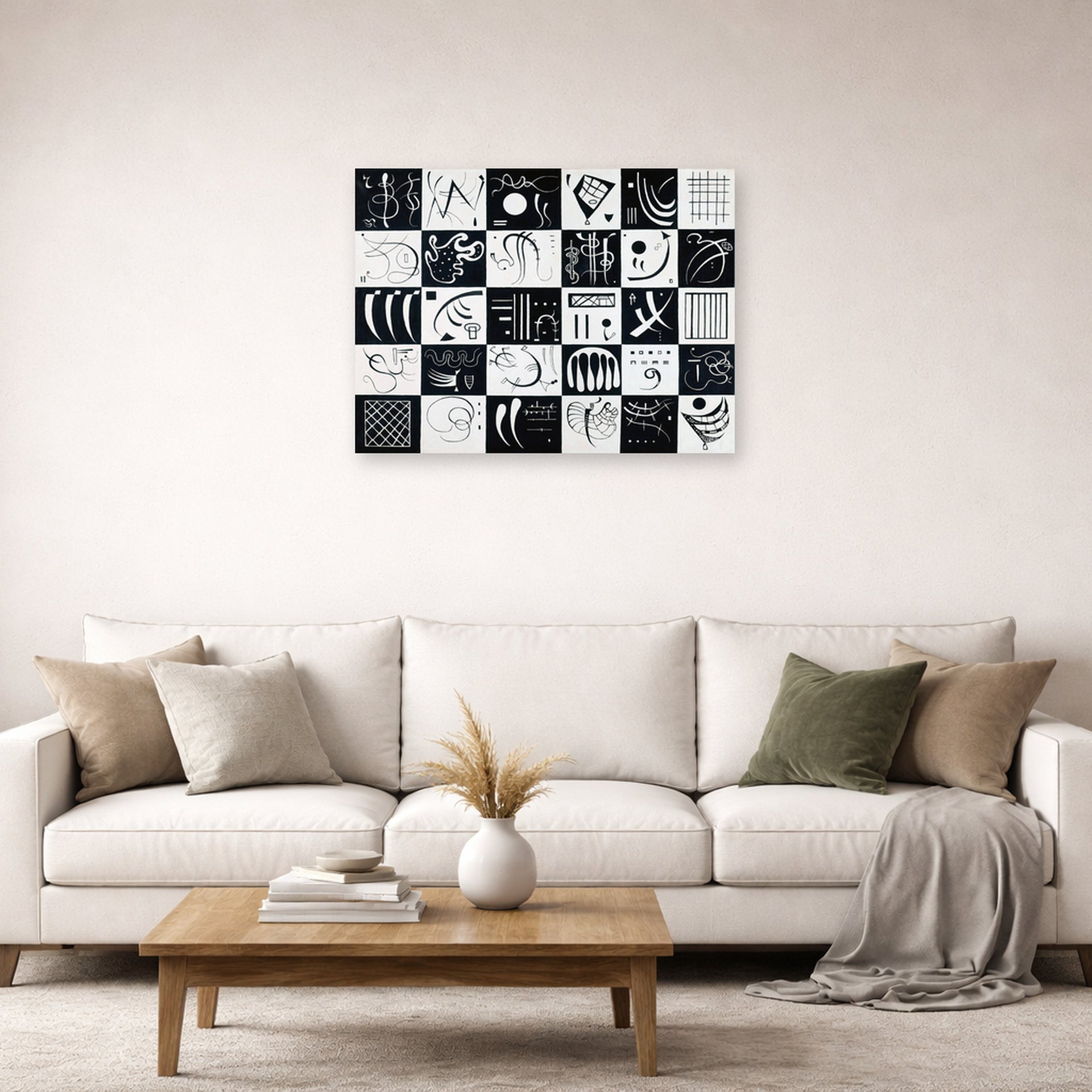 Unframed poster print of Wassily Kandinsky's Trente displayed on a wall in a living room